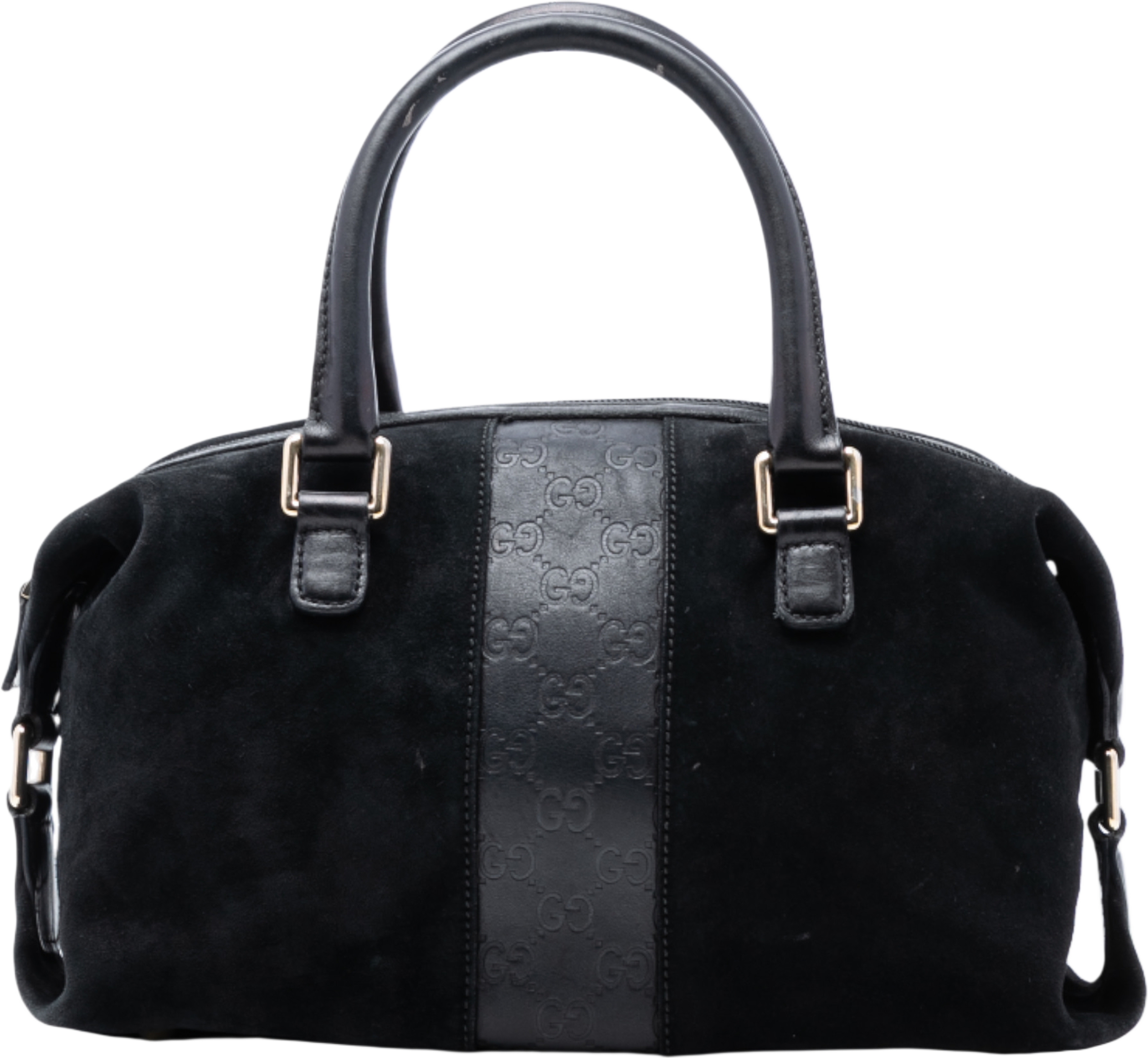 Gucci Guccissima Trimmed Suede Boston Bag, från Luxclusif, i färgen black. Klicka för att öppna bilden i stort format