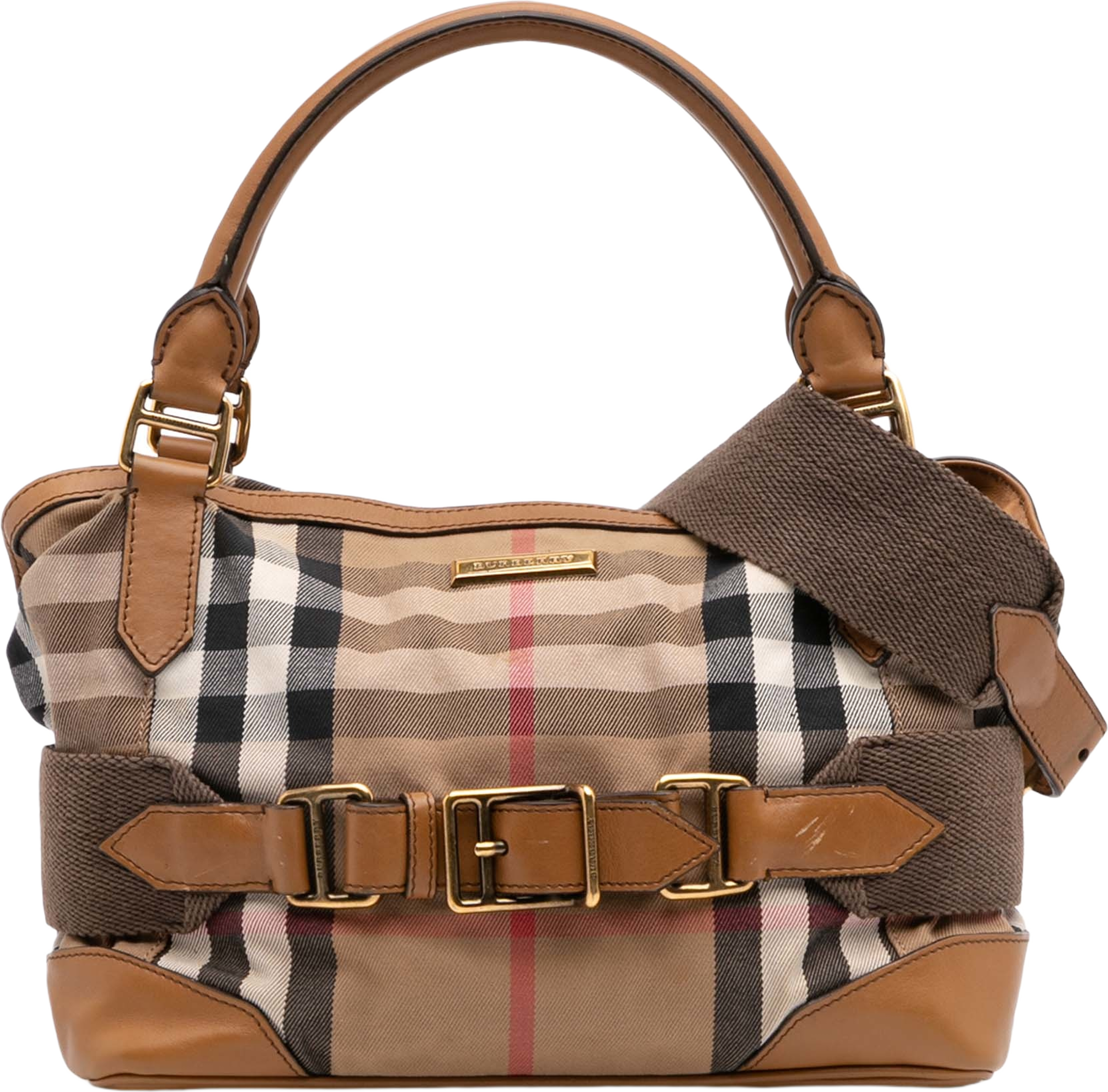Burberry House Check Canvas Brecon Satchel, från Luxclusif, i färgen light brown. Klicka för att öppna bilden i stort format