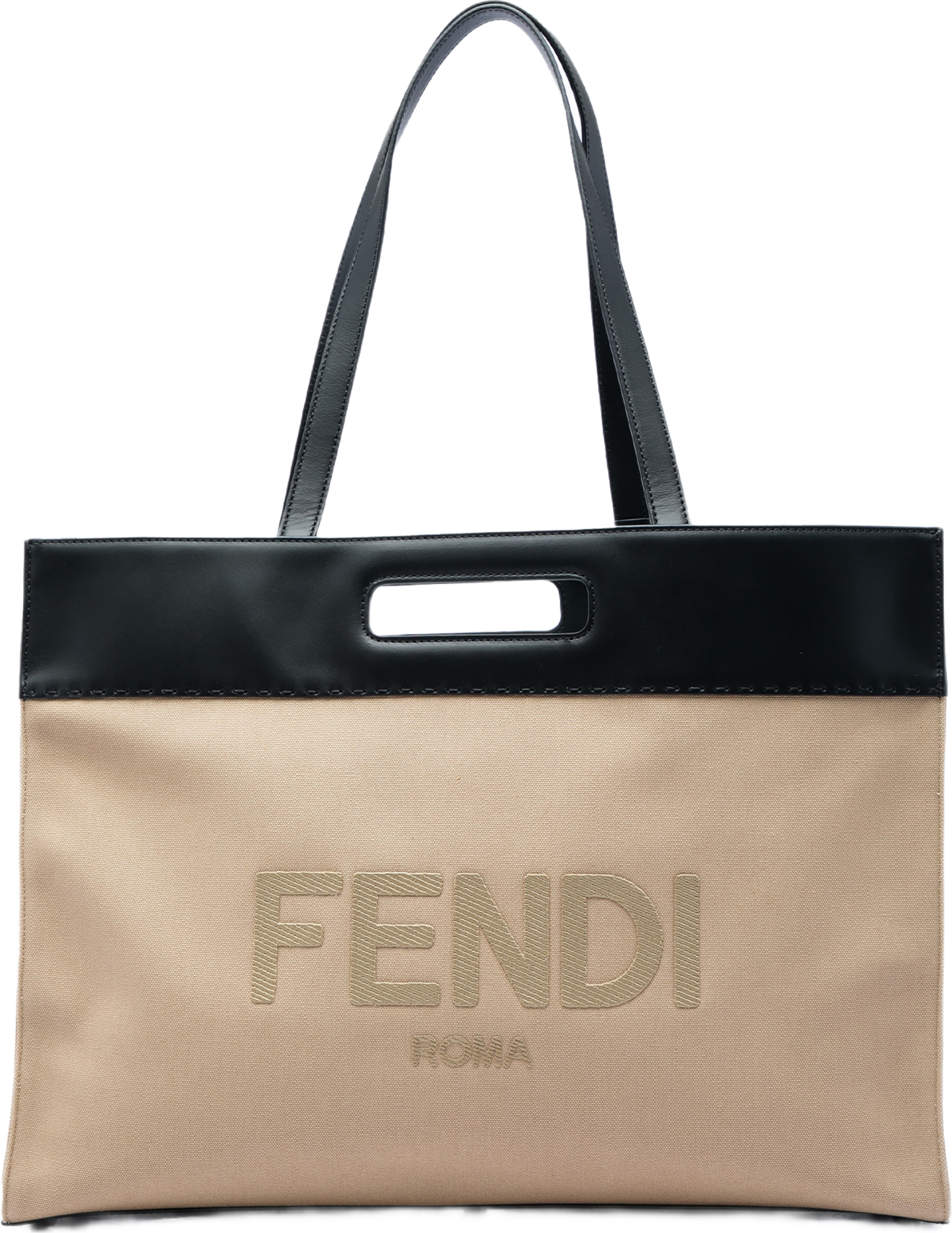 Fendi Canvas Logo Cut Out Handle Shopper Tote, från Luxclusif, i färgen beige. Klicka för att öppna bilden i stort format