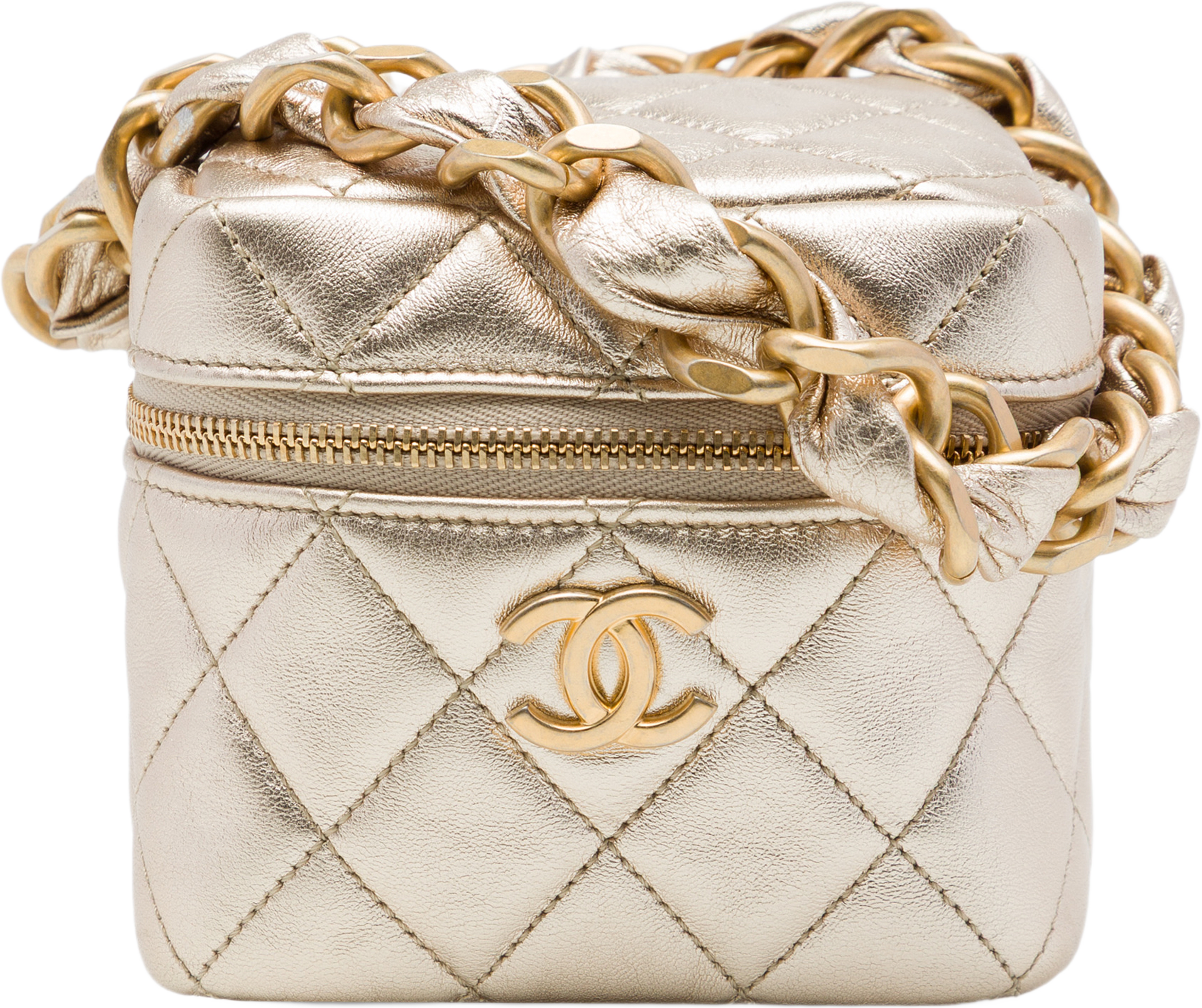 Chanel Cc Quilted Metallic Lambskin Cube Zip Clutch With Chain, från Luxclusif, i färgen guld. Klicka för att öppna bilden i stort format