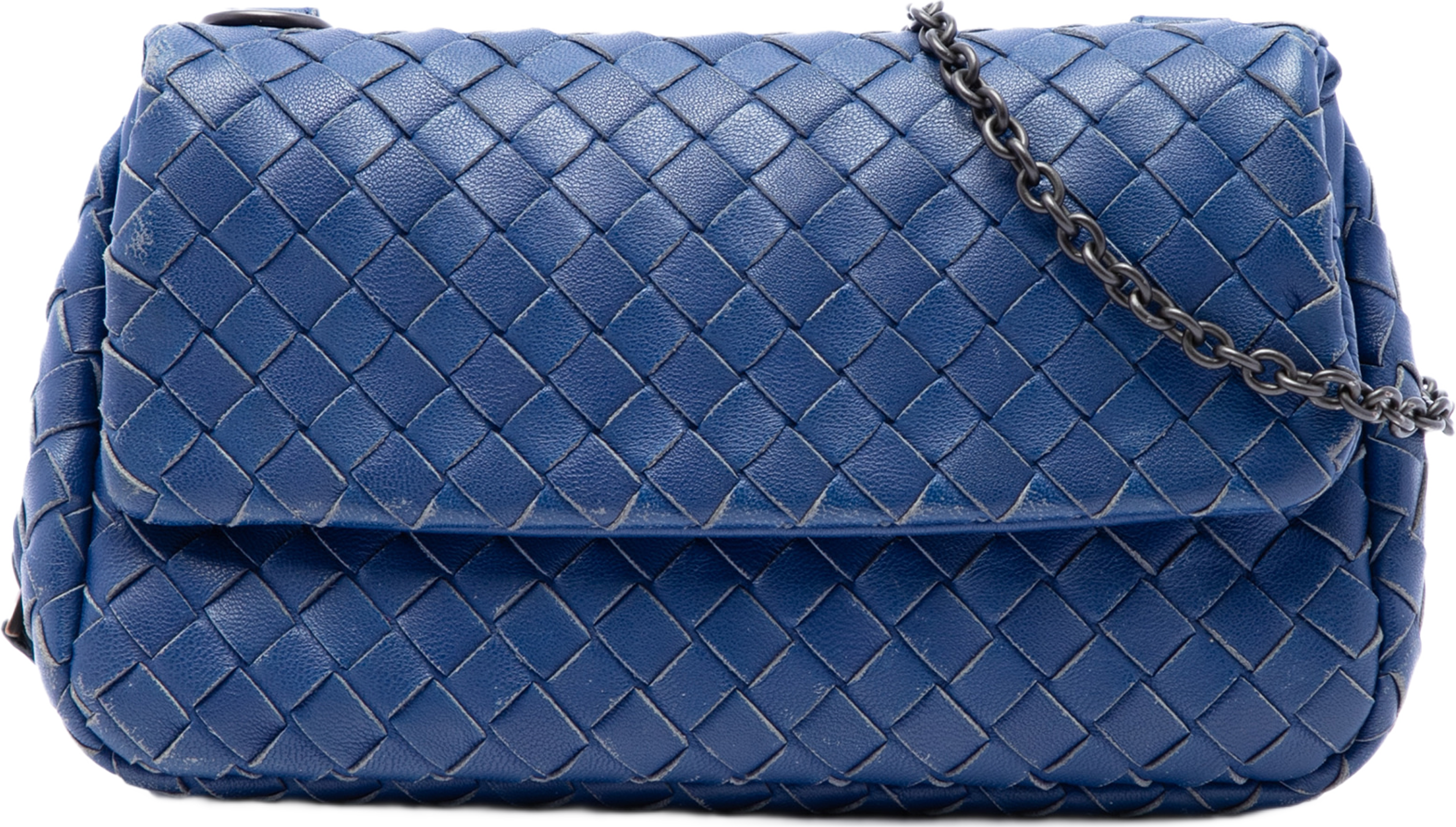 Bottega Veneta Mini Nappa Intrecciato Expandable Chain Flap Crossbody, från Luxclusif, i färgen blå. Klicka för att öppna bilden i stort format