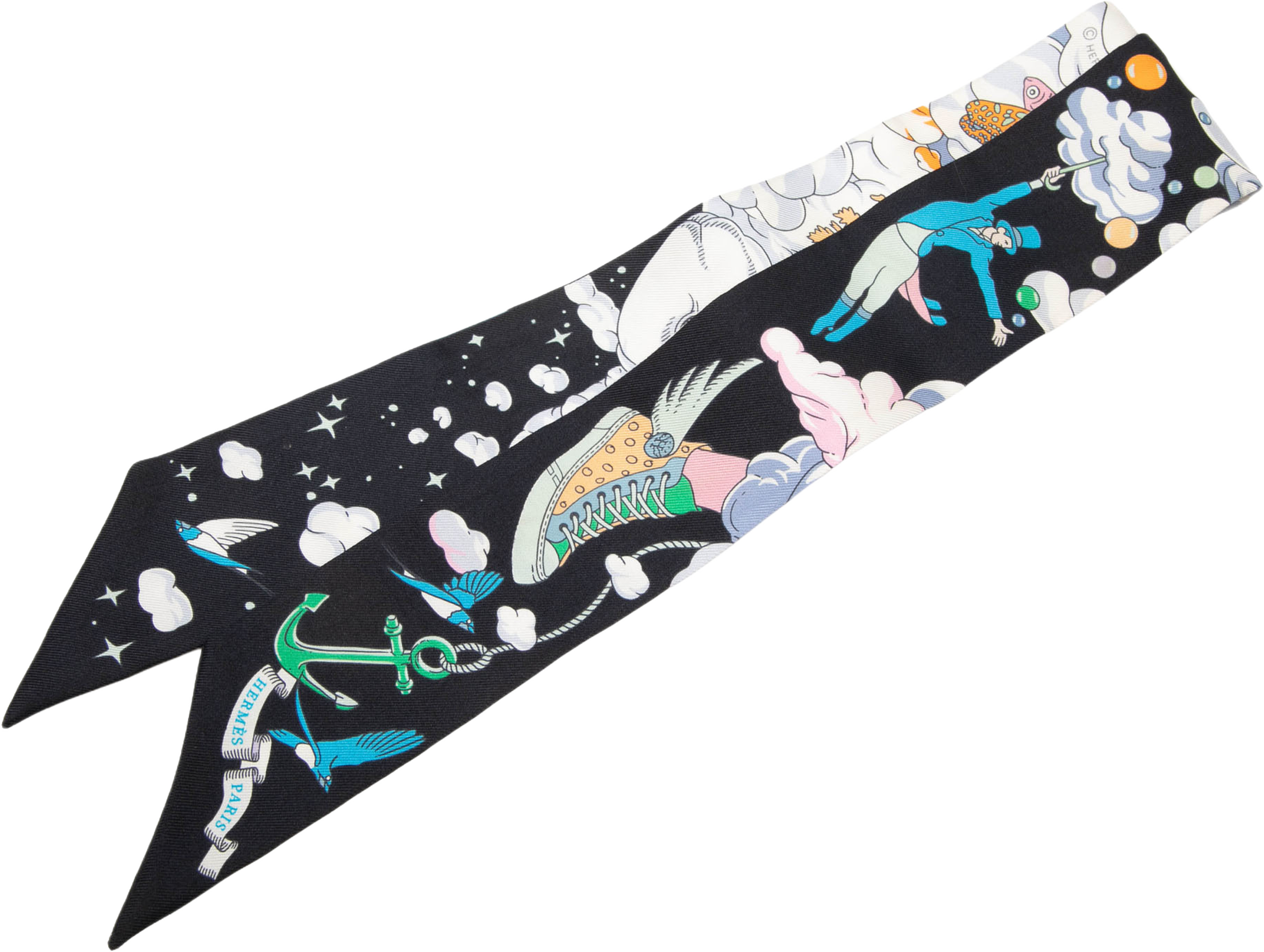 Hermès Sur Mon Nuage Silk Twilly Scarf, från Luxclusif, i färgen black. Klicka för att öppna bilden i stort format