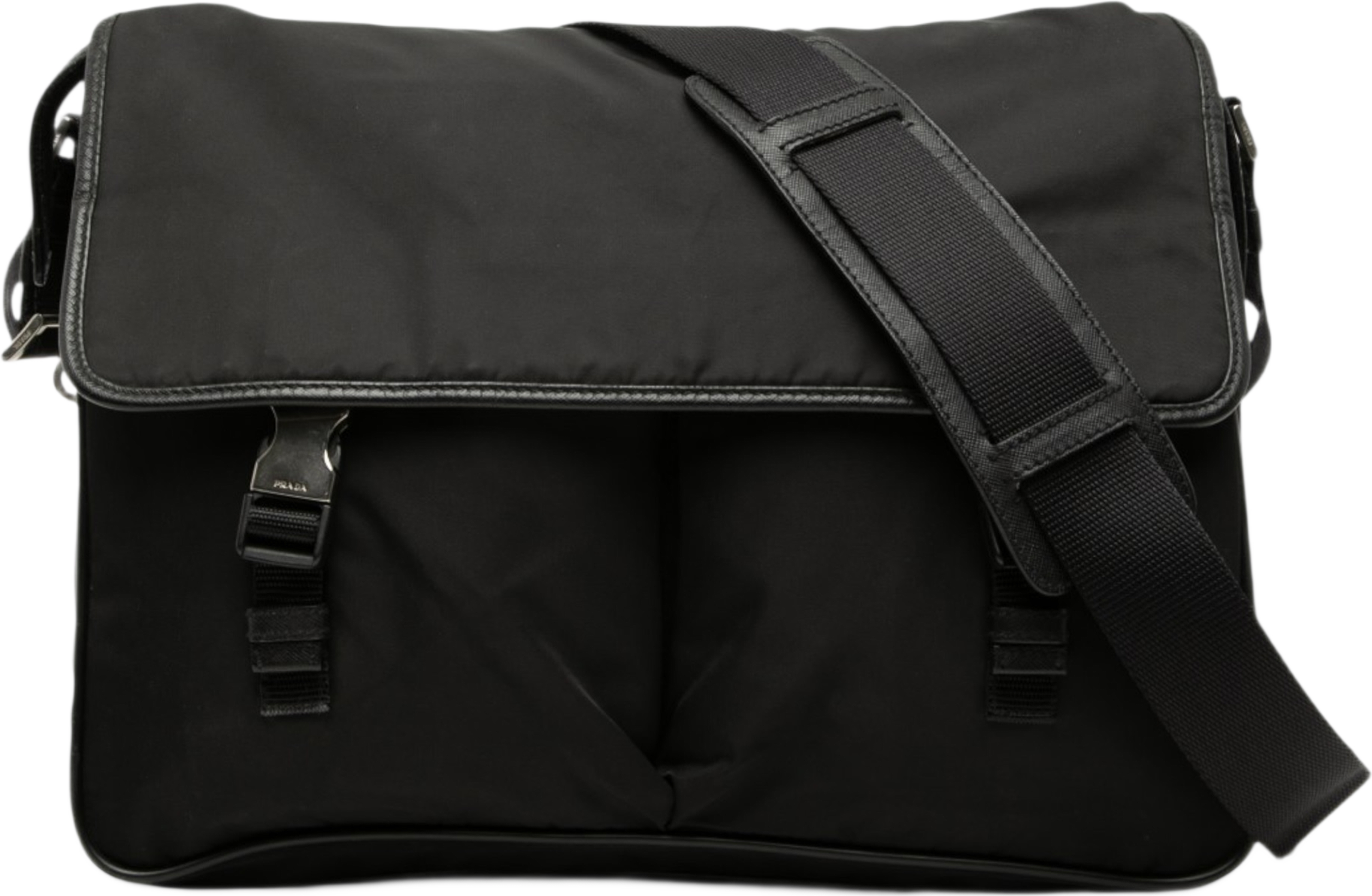 Prada Tessuto Double Buckle Messenger Bag, från Luxclusif, i färgen black. Klicka för att öppna bilden i stort format