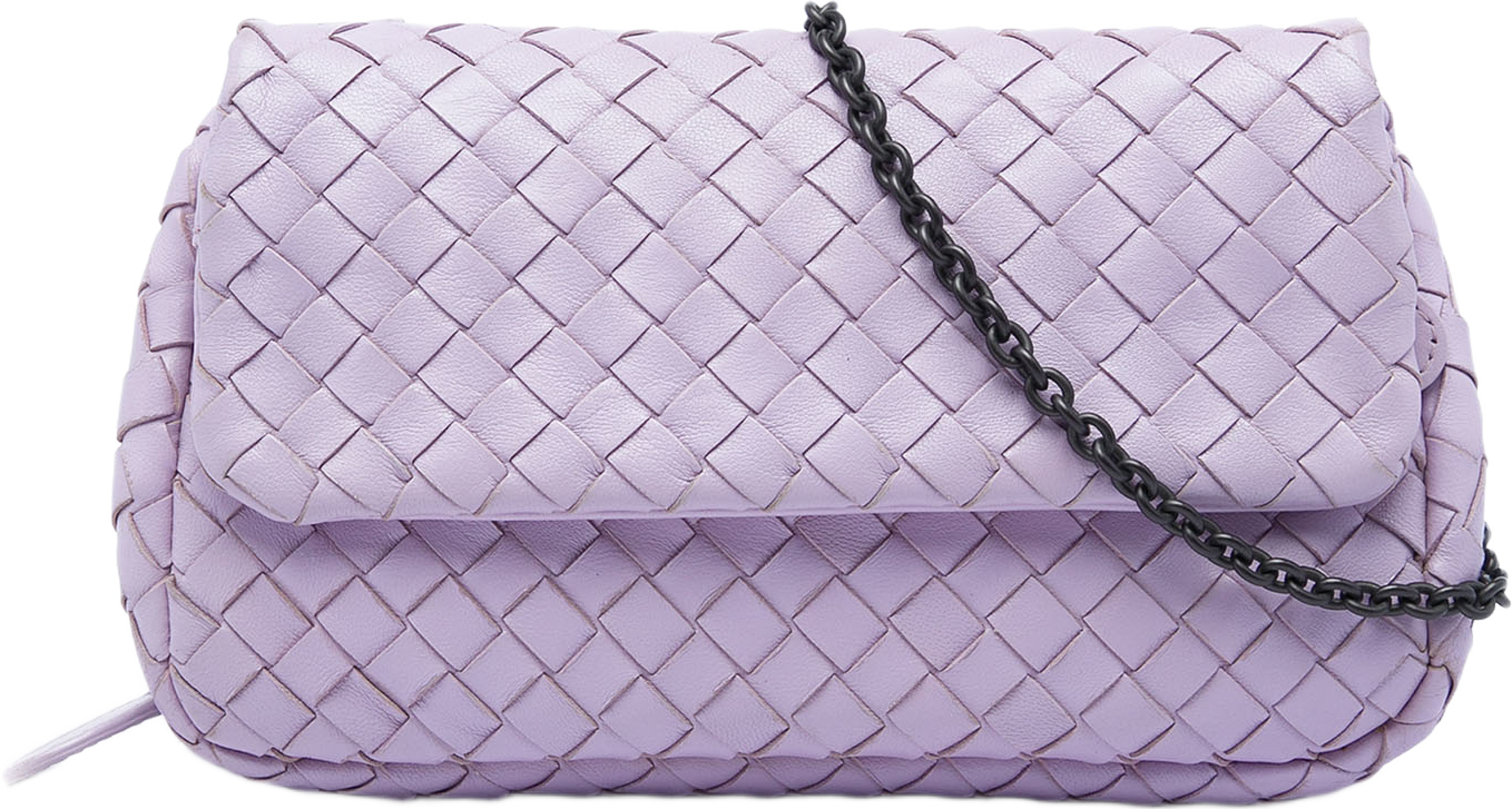 Bottega Veneta Mini Nappa Intrecciato Expandable Chain Flap Crossbody, från Luxclusif, i färgen purpur. Klicka för att öppna bilden i stort format
