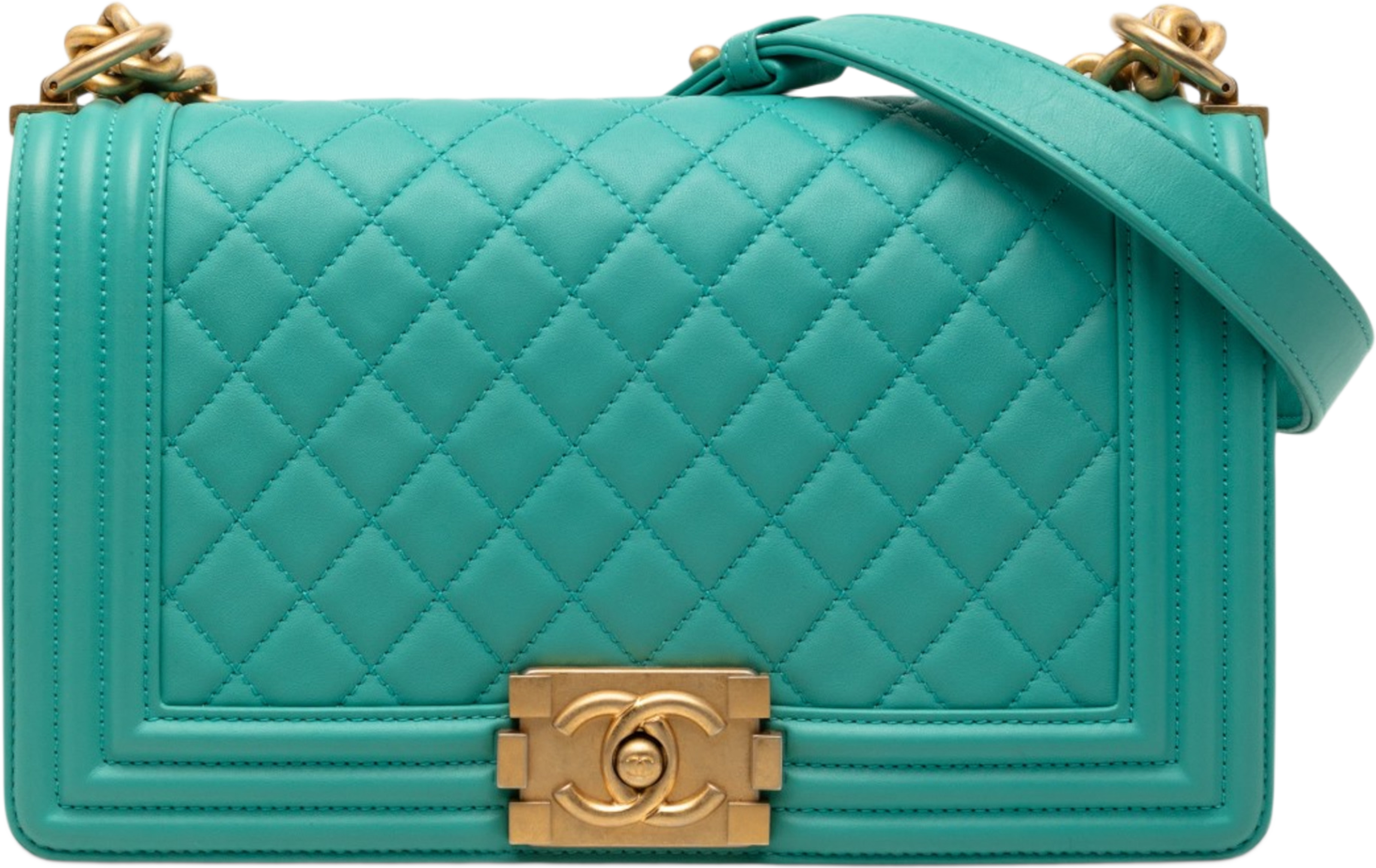 Chanel Old Medium Quilted Lambskin Boy Flap, från Luxclusif, i färgen turquoise. Klicka för att öppna bilden i stort format