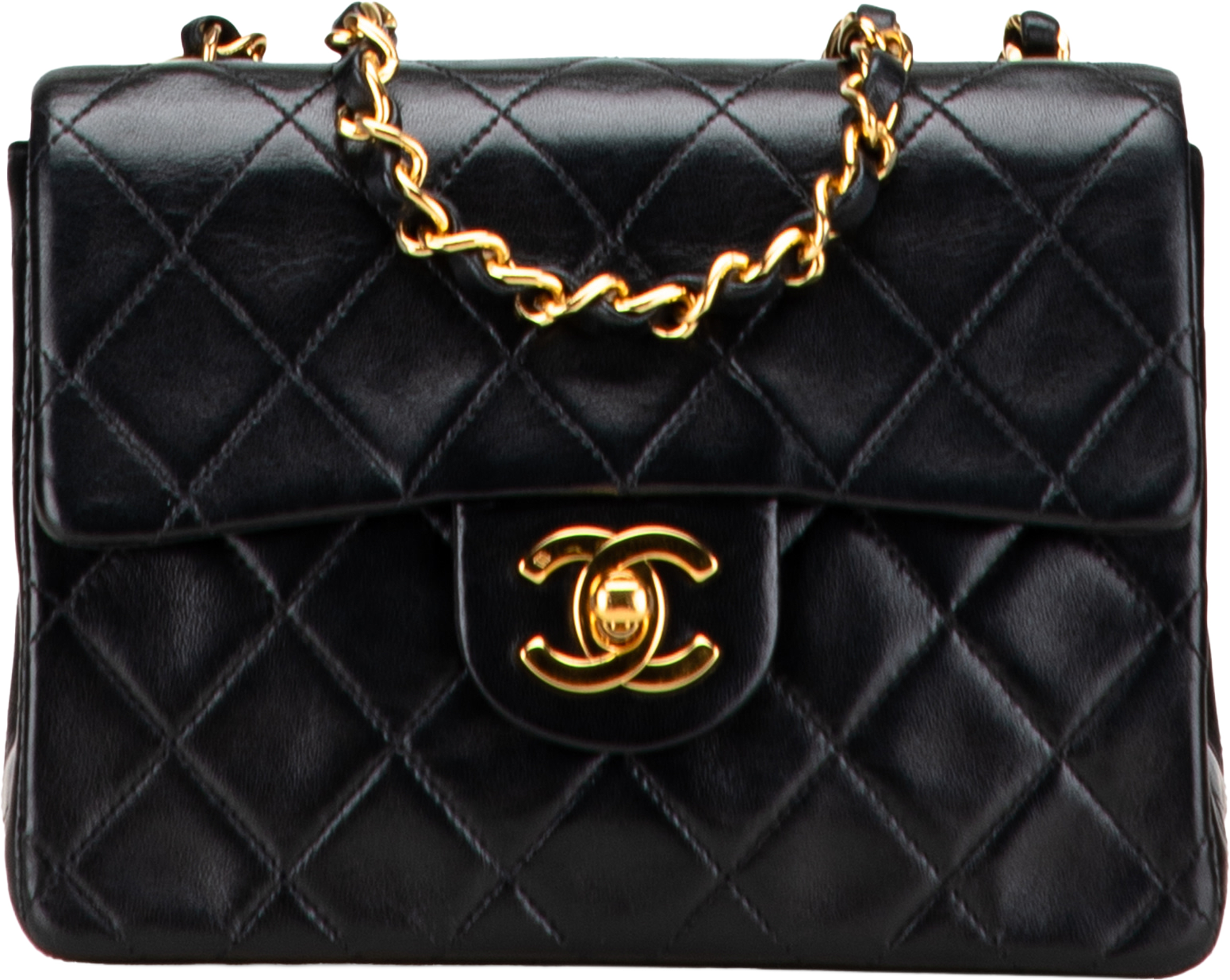 Chanel Mini Square Classic Lambskin Single Flap, från Luxclusif, i färgen black. Klicka för att öppna bilden i stort format
