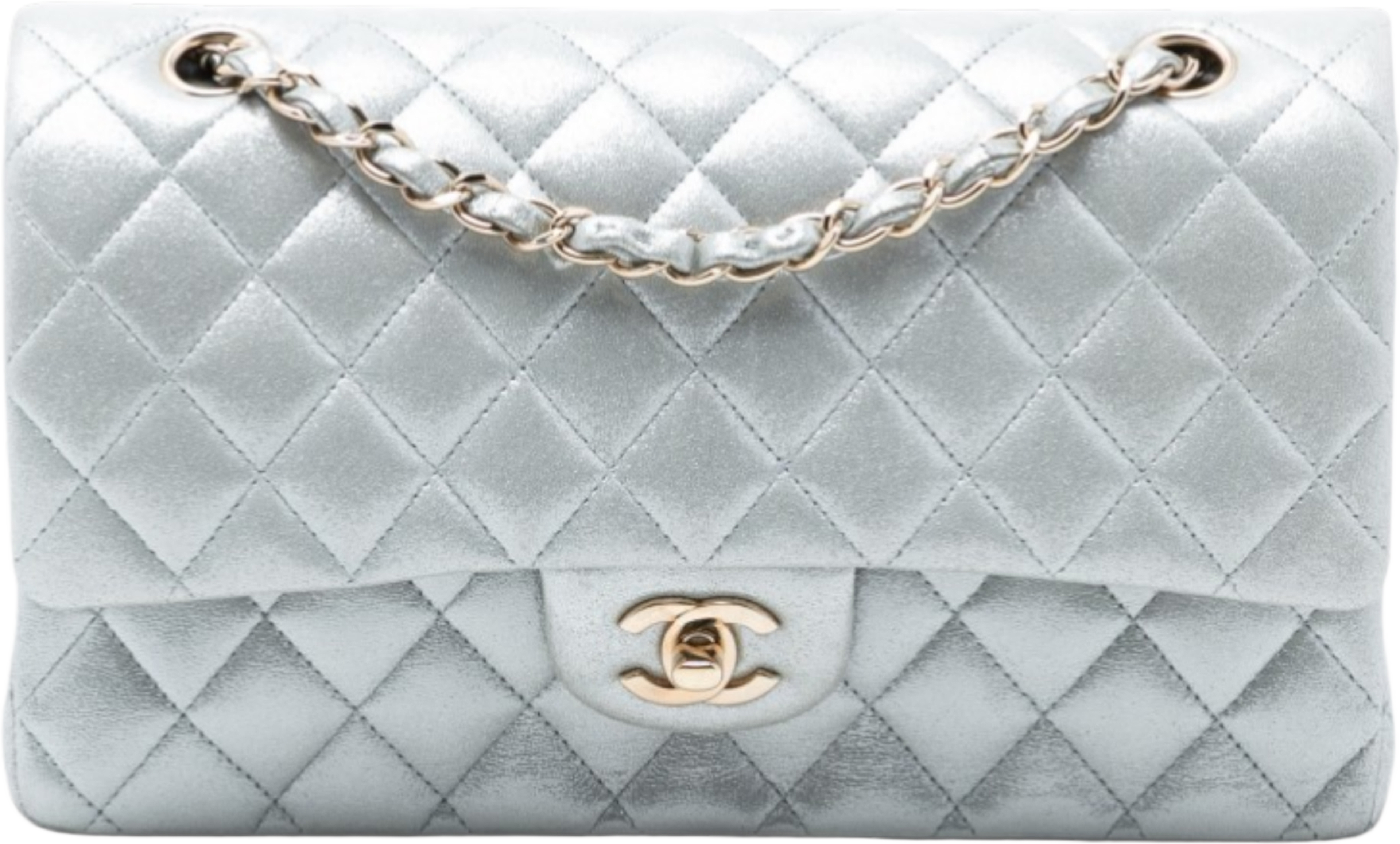 Chanel Medium Classic Iridescent Lambskin Double Flap, från Luxclusif, i färgen silver. Klicka för att öppna bilden i stort format