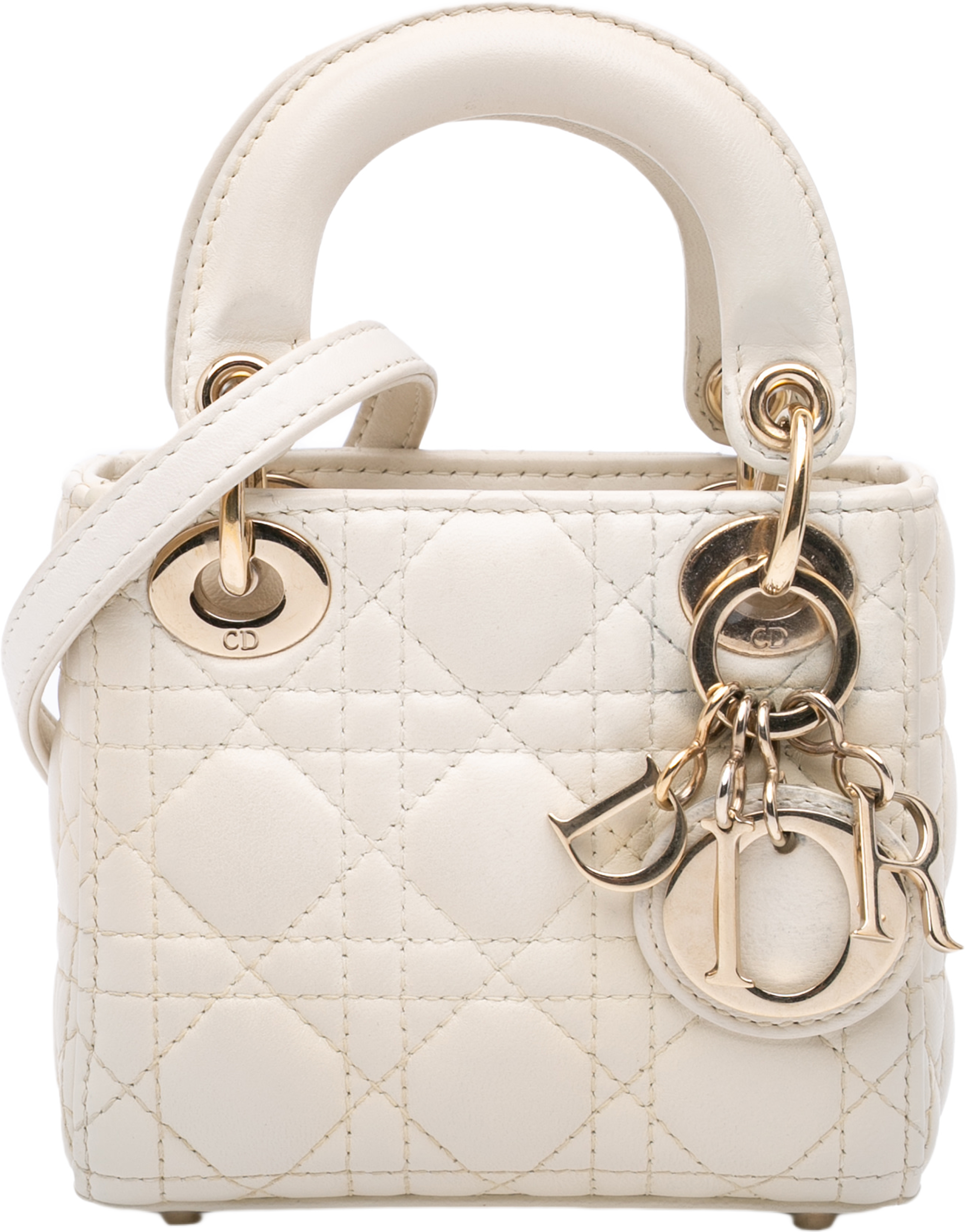 Dior Micro Lambskin Cannage Lady Dior, från Luxclusif, i färgen white. Klicka för att öppna bilden i stort format
