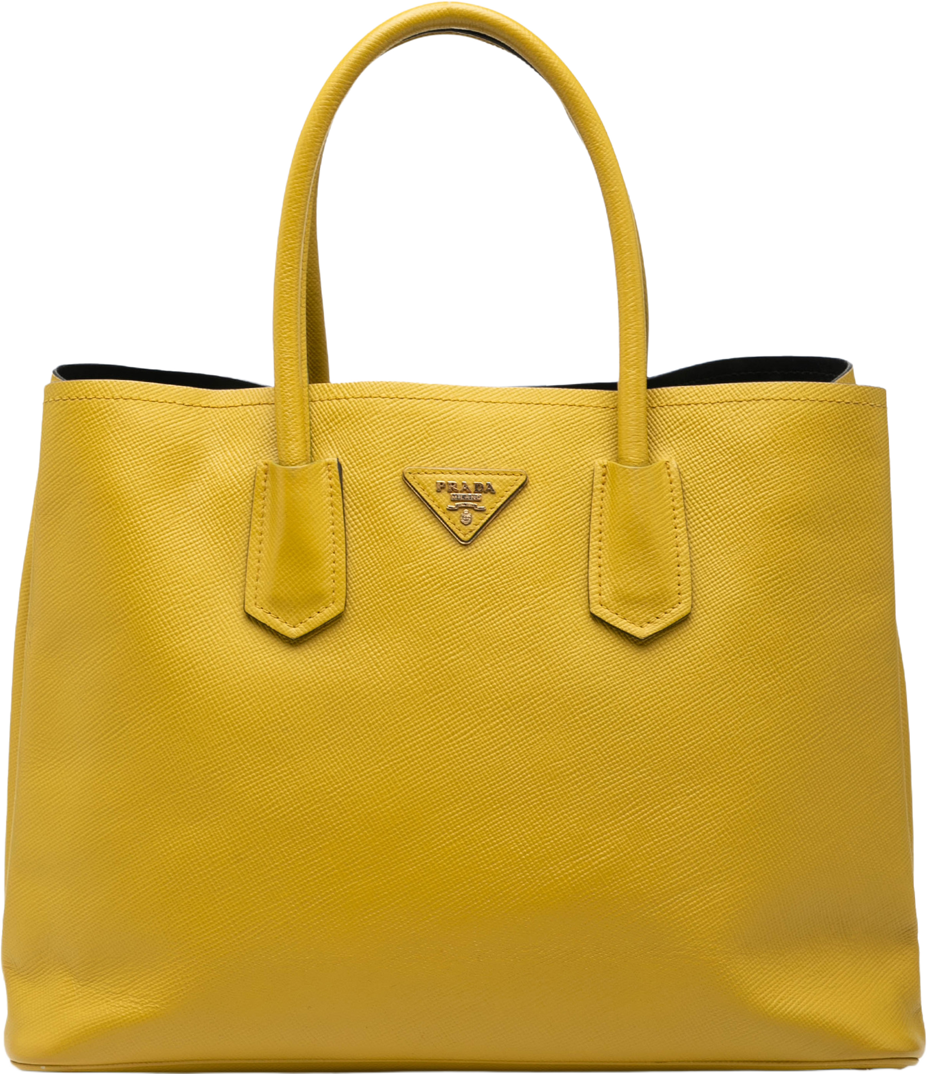 Prada Medium Saffiano Cuir Double Satchel, från Luxclusif, i färgen yellow. Klicka för att öppna bilden i stort format