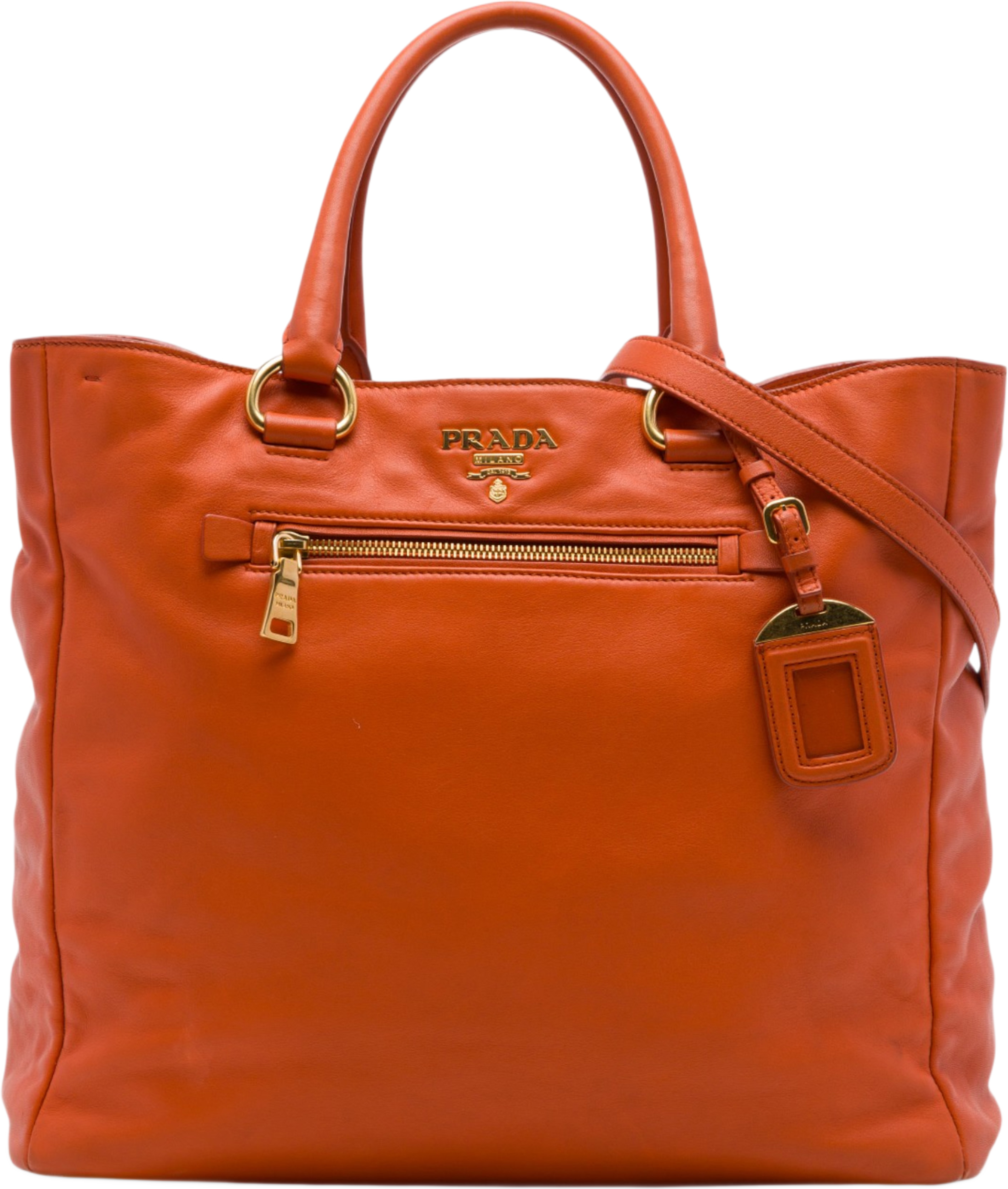 Prada Vitello Daino Front Zip Open Convertible Tote, från Luxclusif, i färgen orange. Klicka för att öppna bilden i stort format