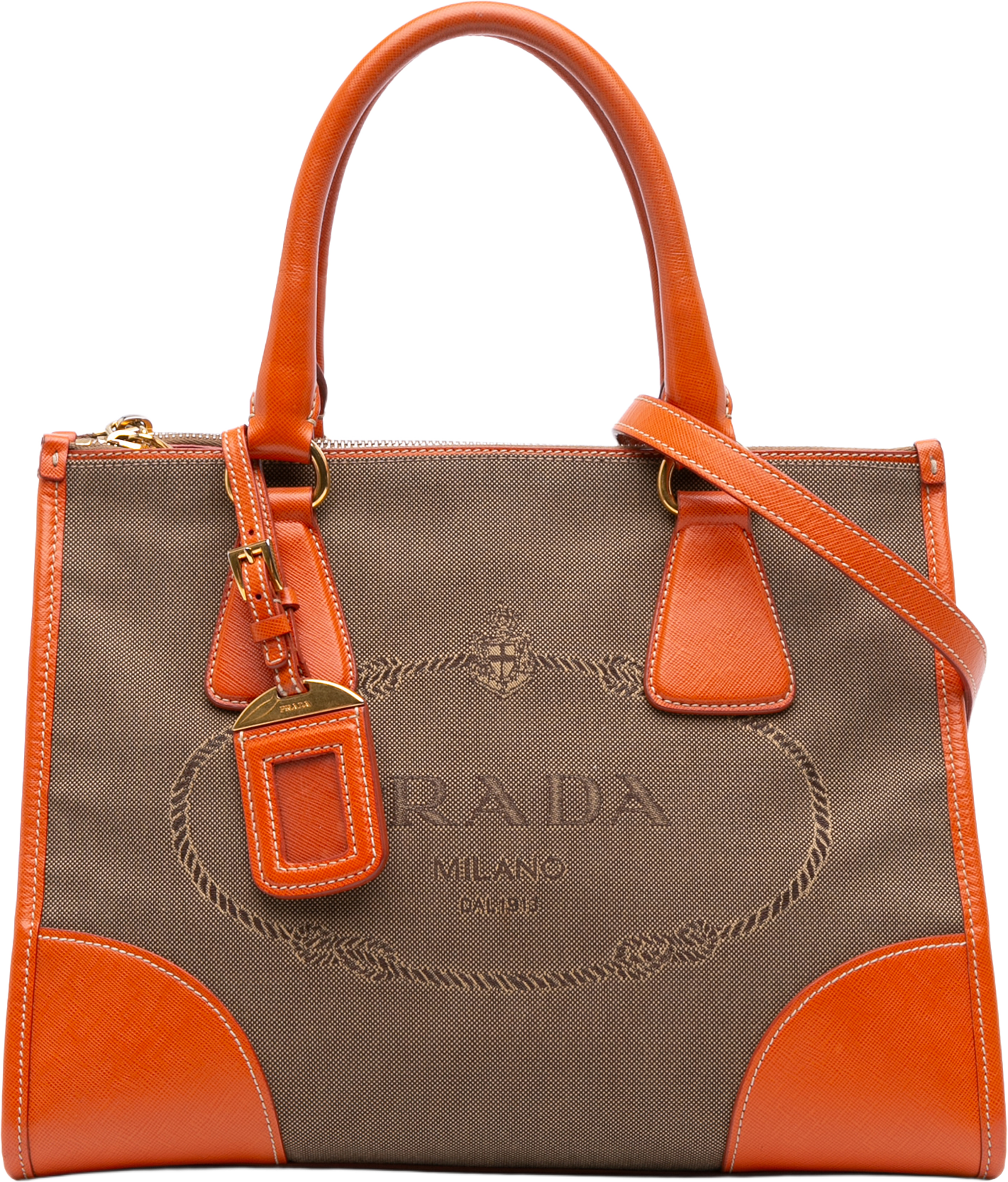 Prada Saffiano Trimmed Canvas Canapa Logo Double Zip Satchel, från Luxclusif, i färgen light brown. Klicka för att öppna bilden i stort format