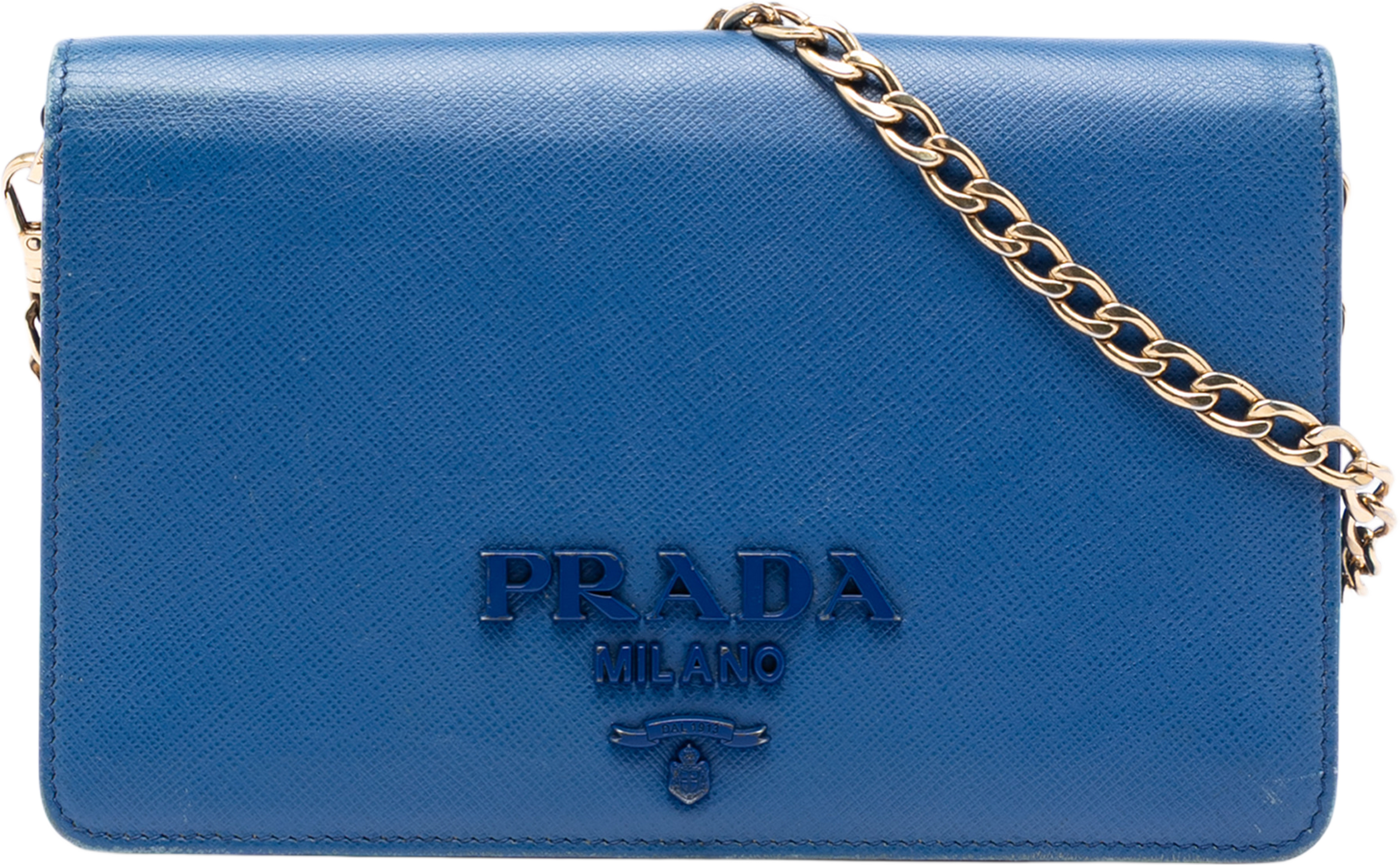 Prada Saffiano Lux Chain Crossbody, från Luxclusif, i färgen blue. Klicka för att öppna bilden i stort format