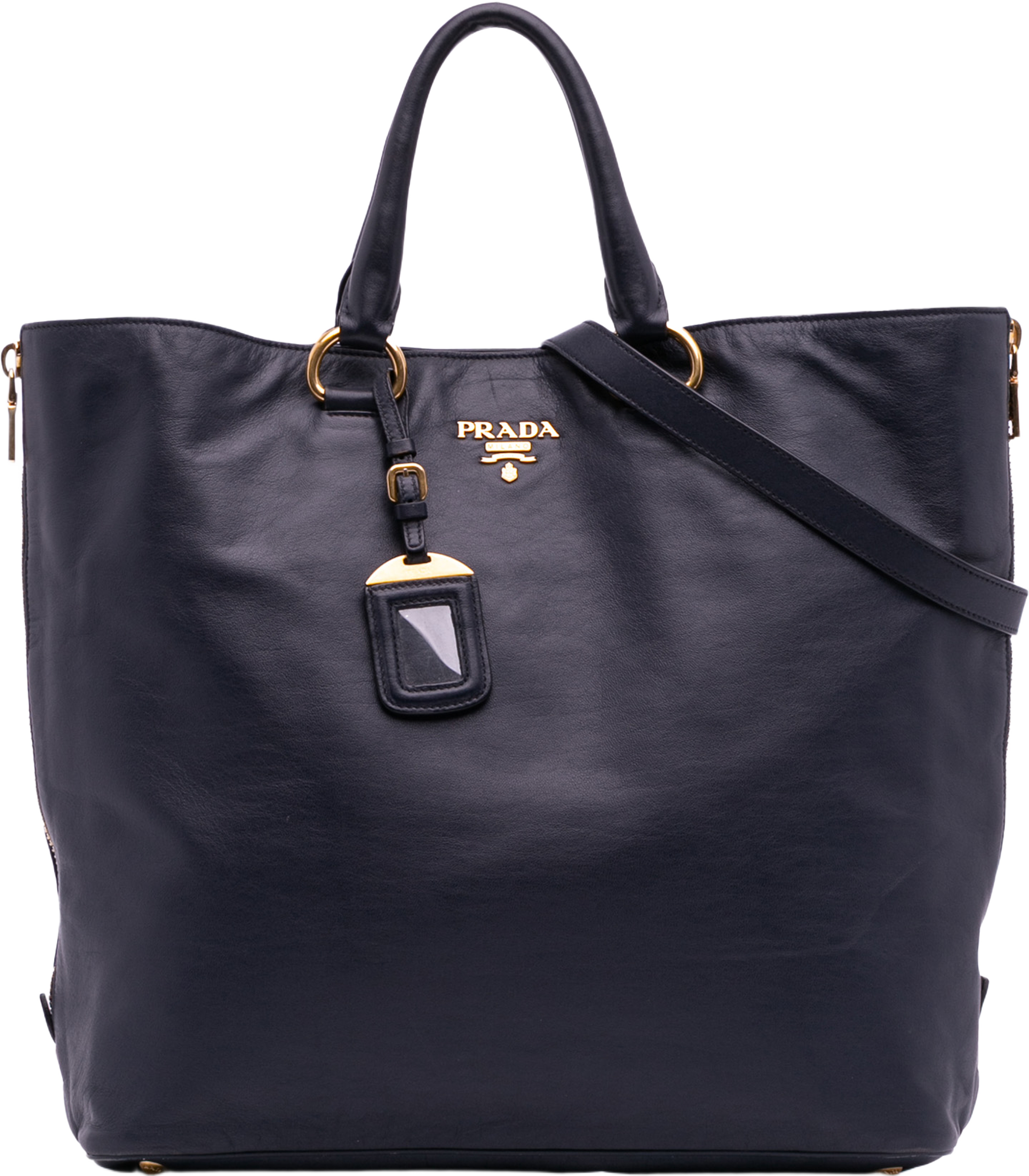 Prada Soft Calf Side Zip Convertible Tote, från Luxclusif, i färgen navy. Klicka för att öppna bilden i stort format