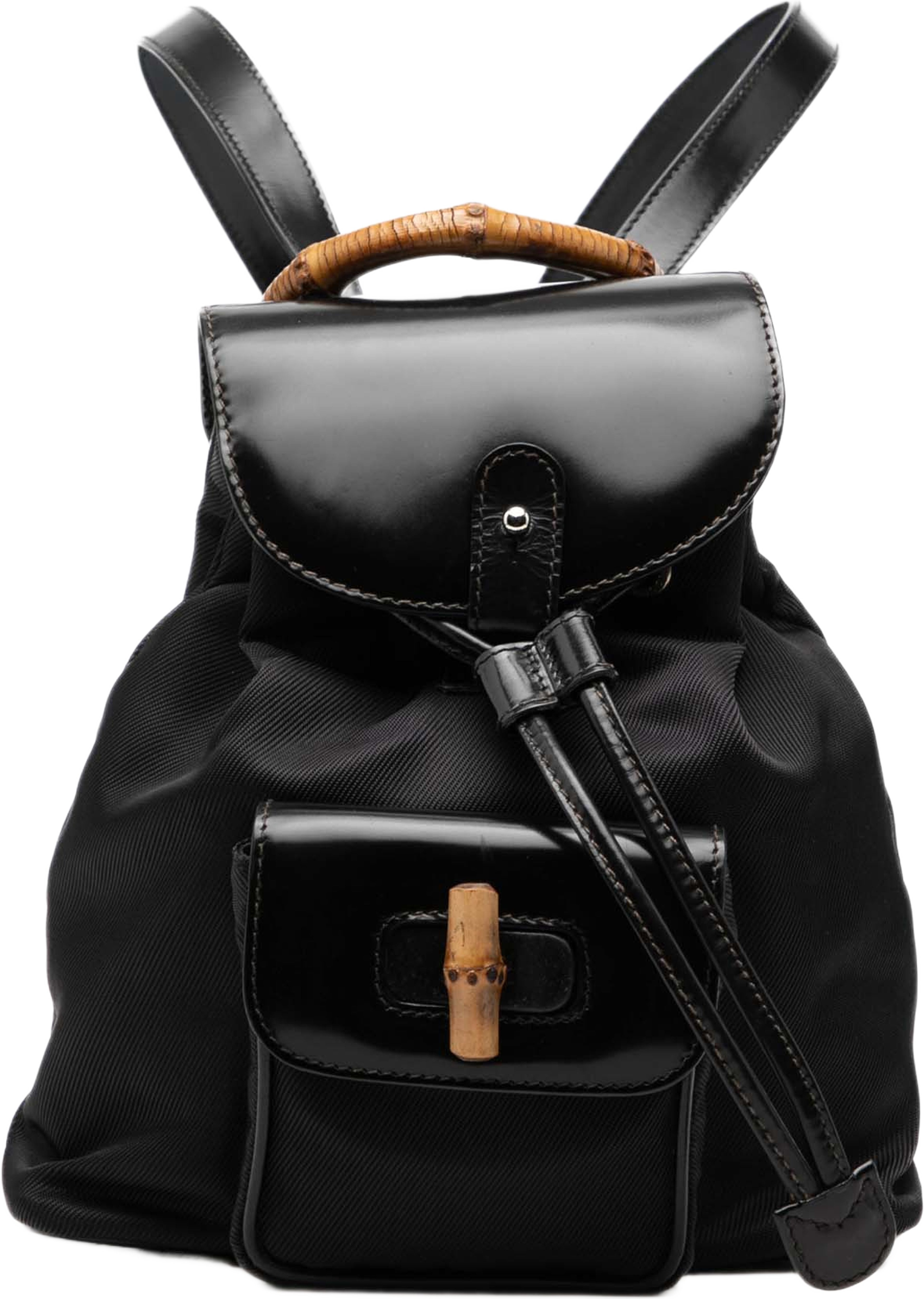 Gucci Nylon And Patent Bamboo Drawstring Backpack, från Luxclusif, i färgen svart. Klicka för att öppna bilden i stort format