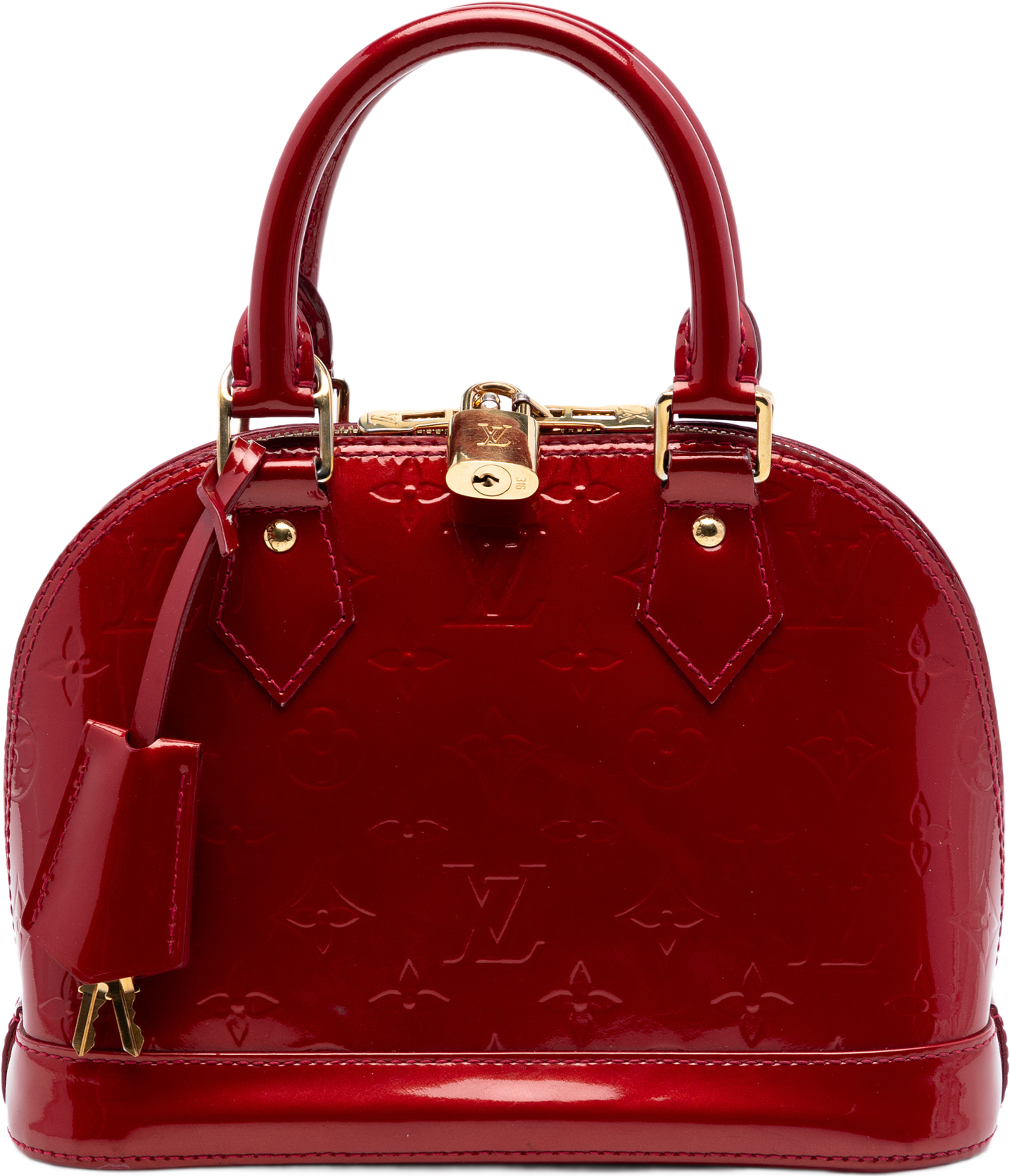 Louis Vuitton Monogram Vernis Alma Bb, från Luxclusif, i färgen röd. Klicka för att öppna bilden i stort format