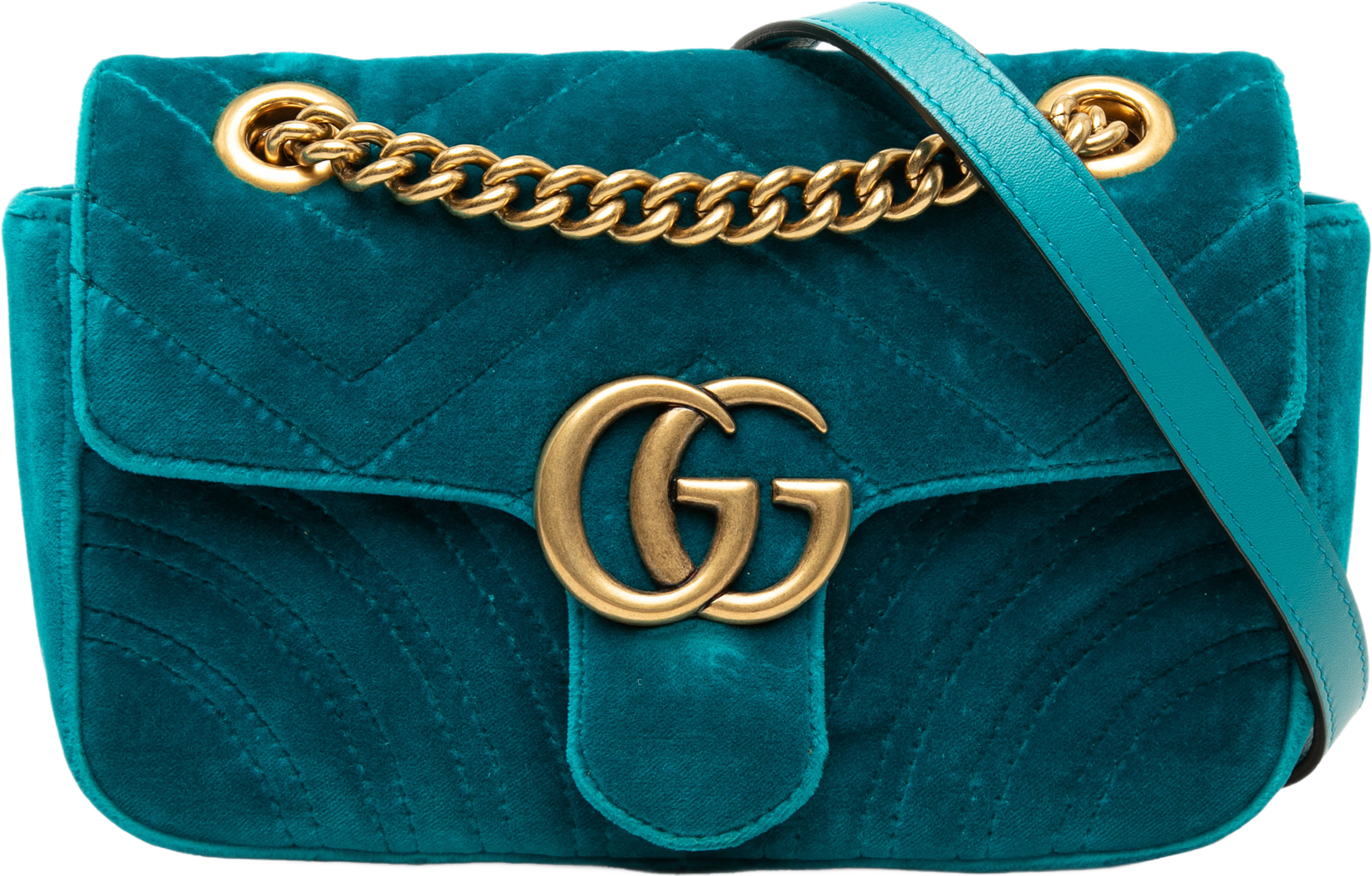 Gucci Small Gg Marmont Matelasse Velvet Shoulder Bag, från Luxclusif, i färgen blå. Klicka för att öppna bilden i stort format