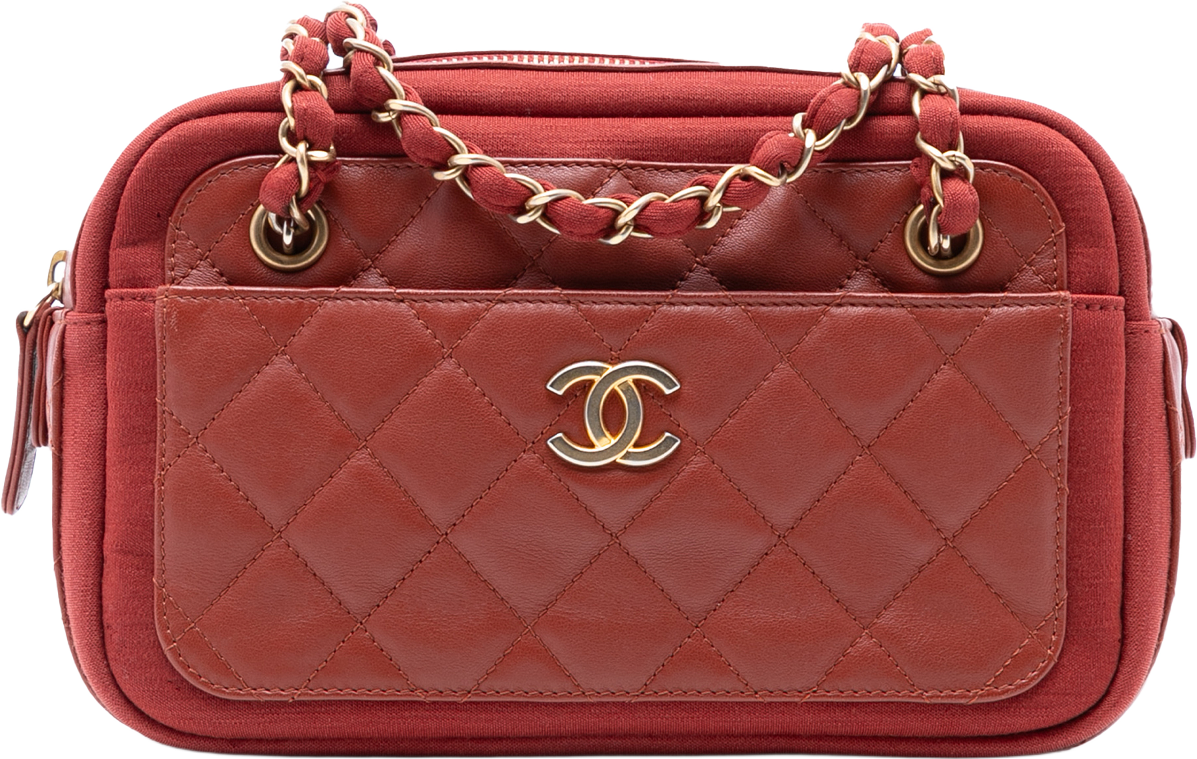 Chanel Paris Hamburg Quilted Lambskin And Jersey Camera Case, från Luxclusif, i färgen brick. Klicka för att öppna bilden i stort format