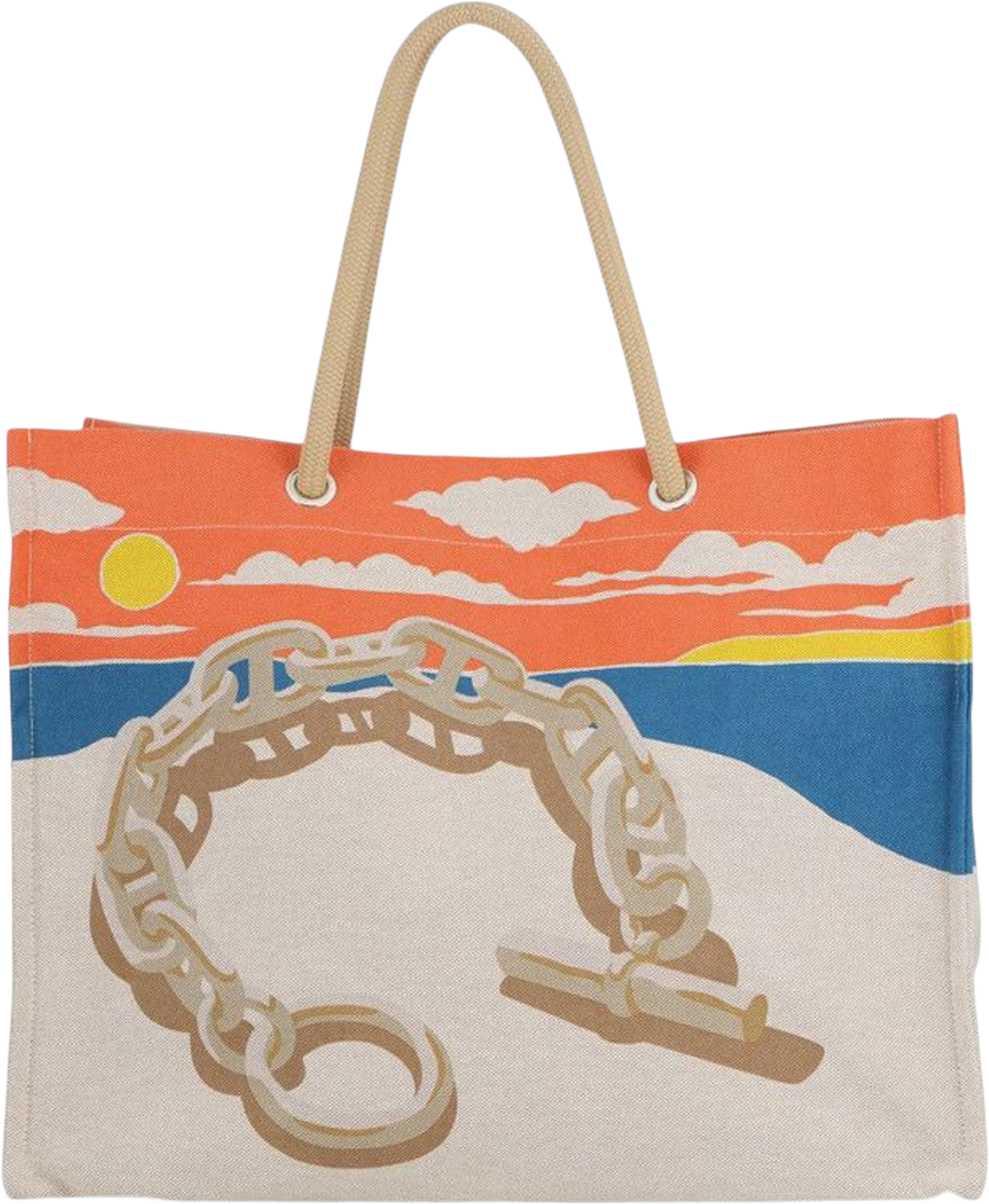 Hermès Toile Escale A La Plage Beach Bag, från Luxclusif, i färgen beige. Klicka för att öppna bilden i stort format