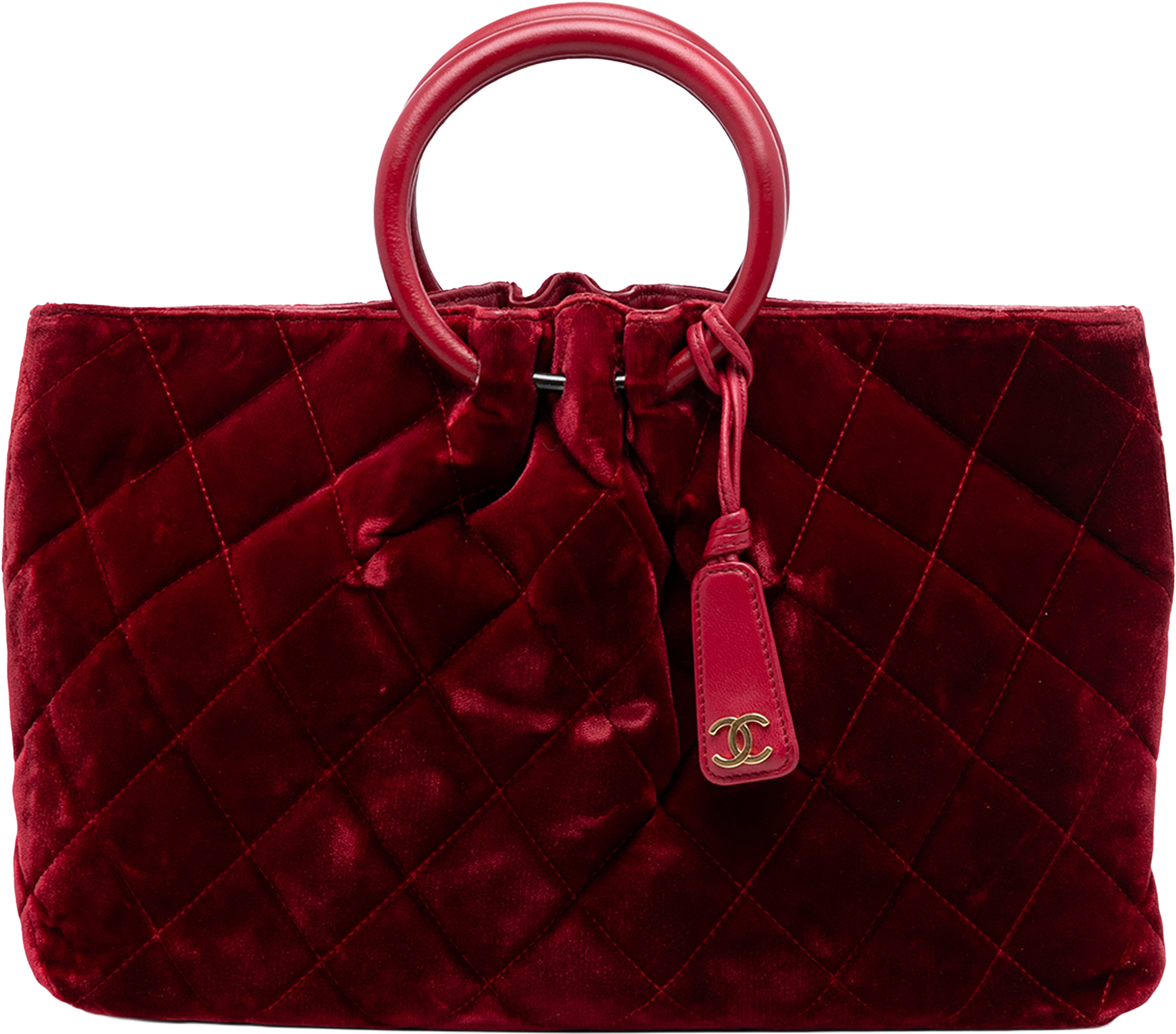 Chanel Cc Quilted Velvet Top Handle Bag, från Luxclusif, i färgen burgundy. Klicka för att öppna bilden i stort format