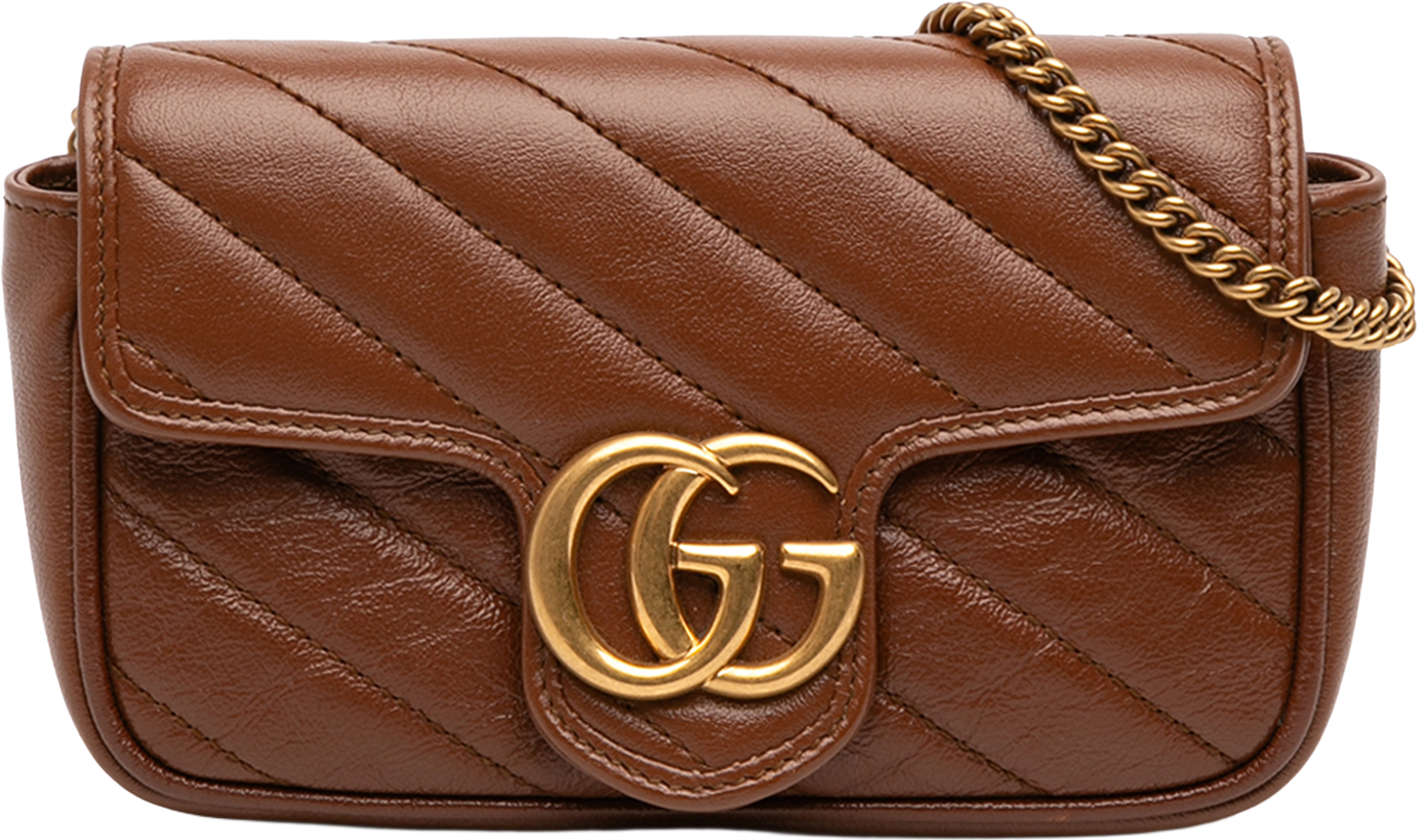 Gucci Mini Gg Marmont Matelasse Diagonal Leather Flap Crossbody, från Luxclusif, i färgen brown. Klicka för att öppna bilden i stort format