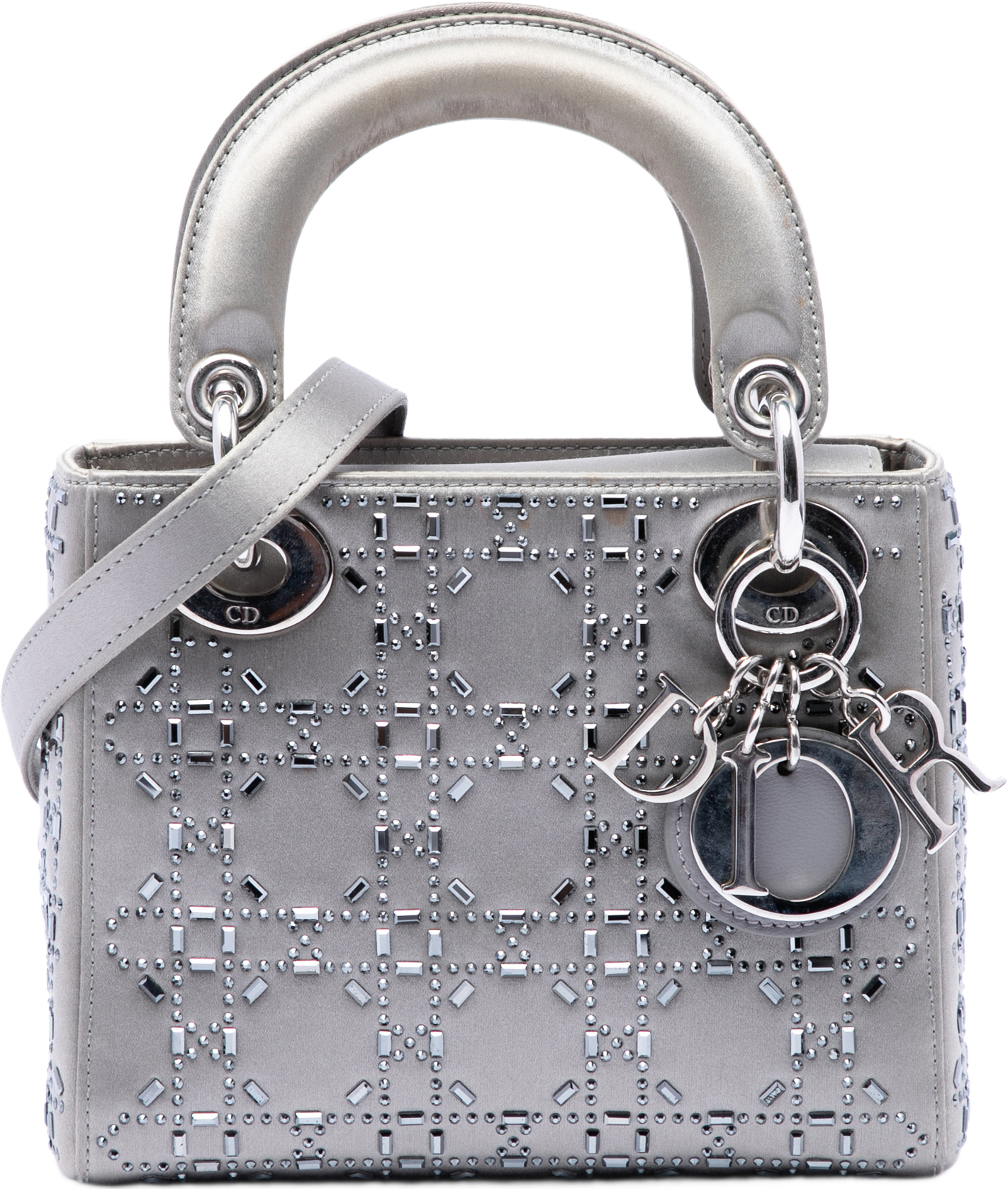 Dior Mini Satin Cannage Crystal Embellished Lady Dior, från Luxclusif, i färgen grå. Klicka för att öppna bilden i stort format