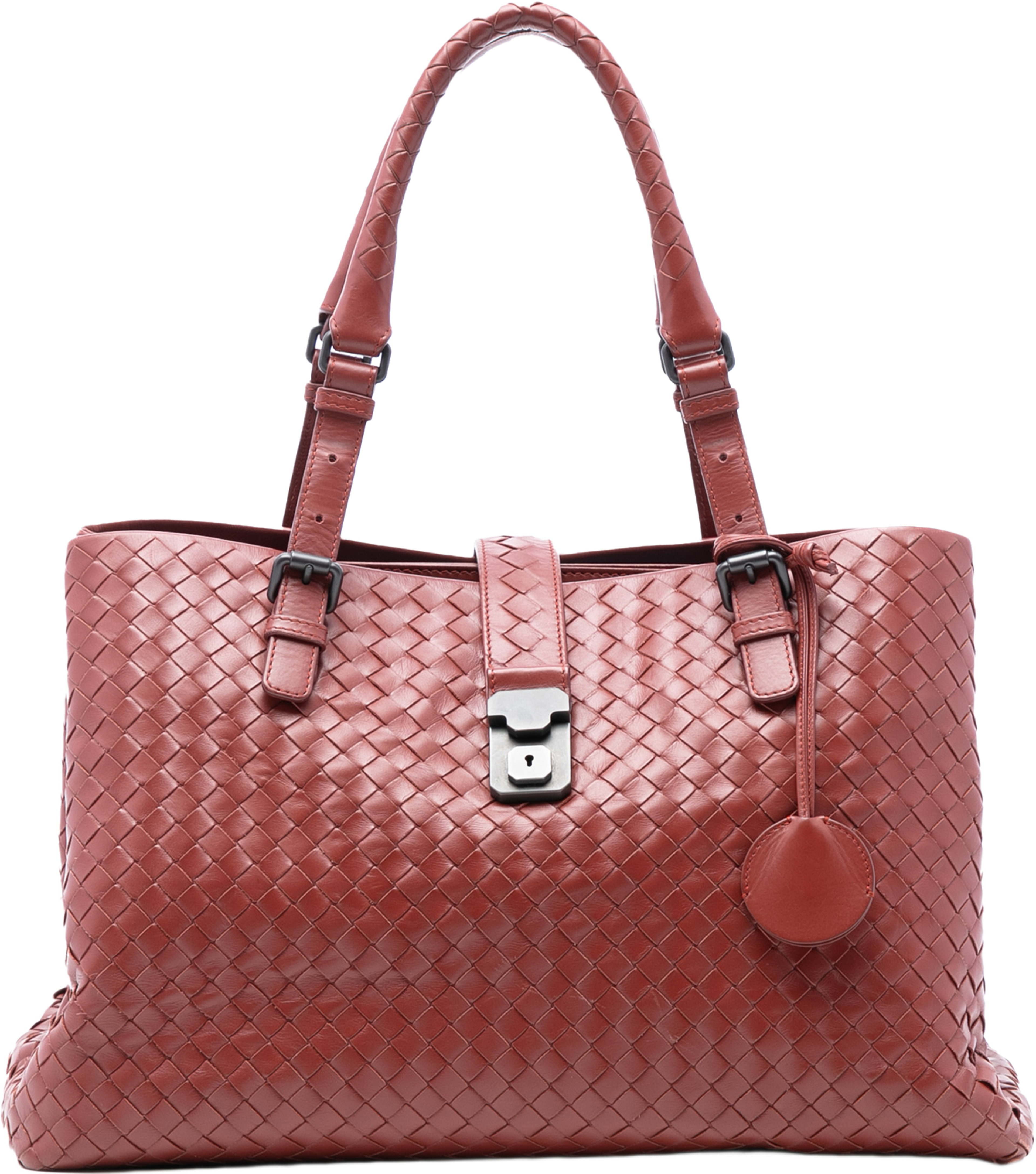 Bottega Veneta Medium Nappa Intrecciato Roma Tote, från Luxclusif, i färgen indian red. Klicka för att öppna bilden i stort format