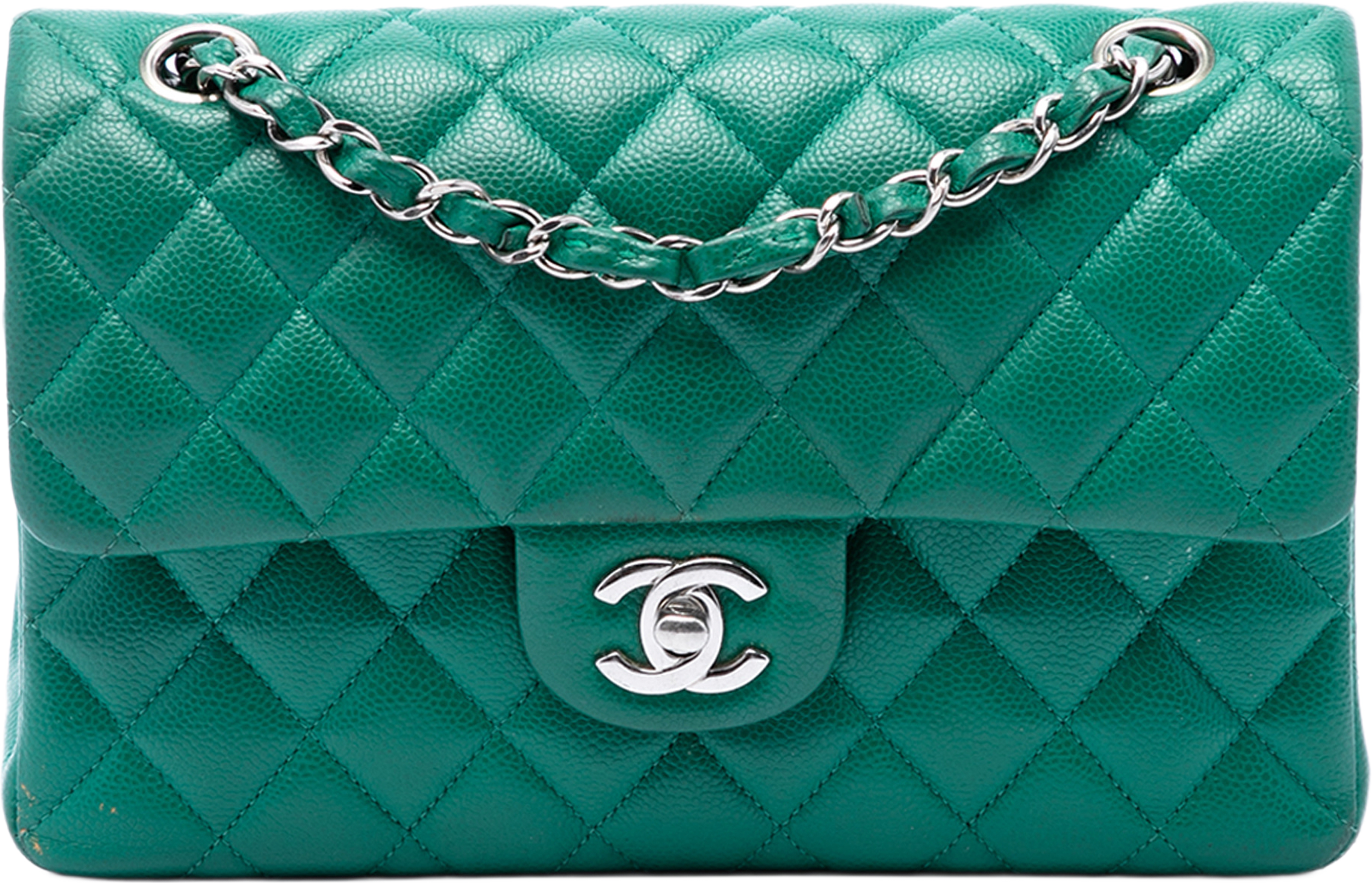 Chanel Small Classic Caviar Double Flap, från Luxclusif, i färgen grön. Klicka för att öppna bilden i stort format