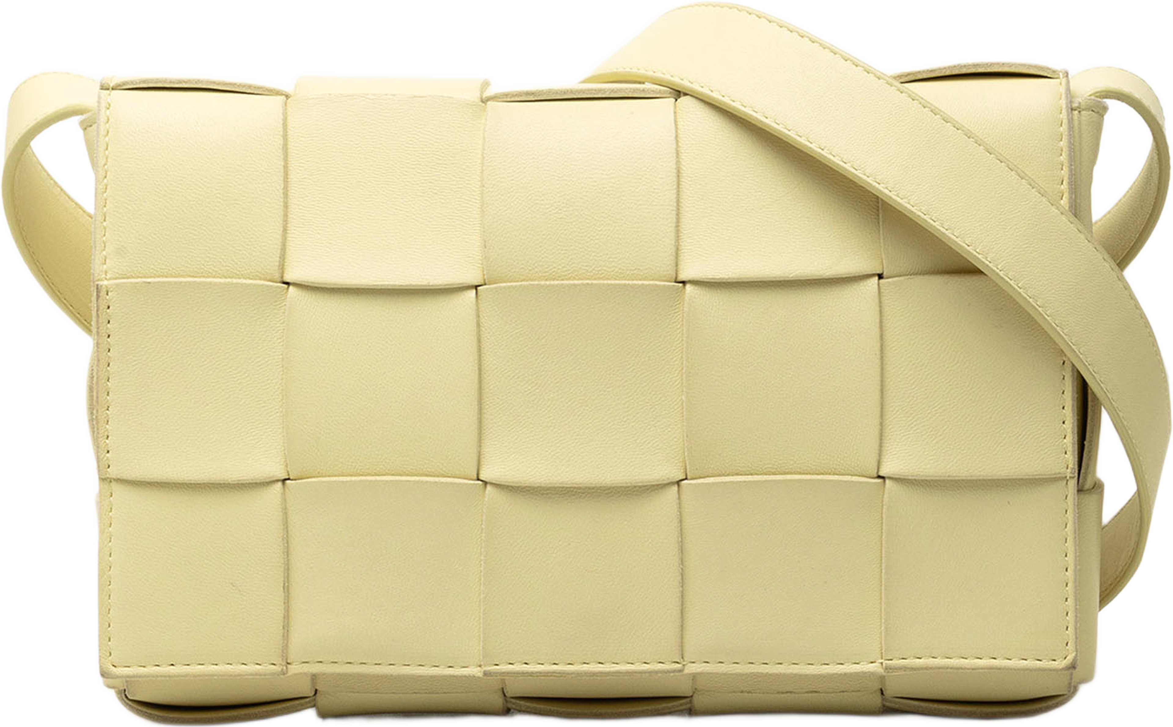 Bottega Veneta Nappa Intrecciato Cassette Crossbody, från Luxclusif, i färgen gul. Klicka för att öppna bilden i stort format