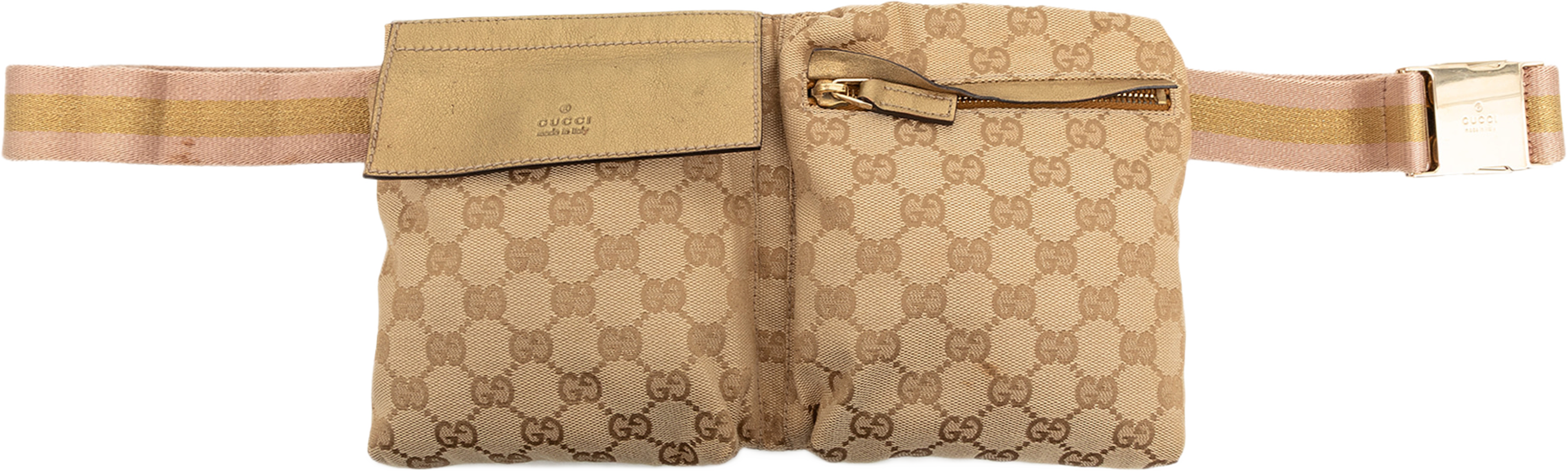 Gucci Gg Canvas Web Double Pocket Belt Bag, från Luxclusif, i färgen beige. Klicka för att öppna bilden i stort format
