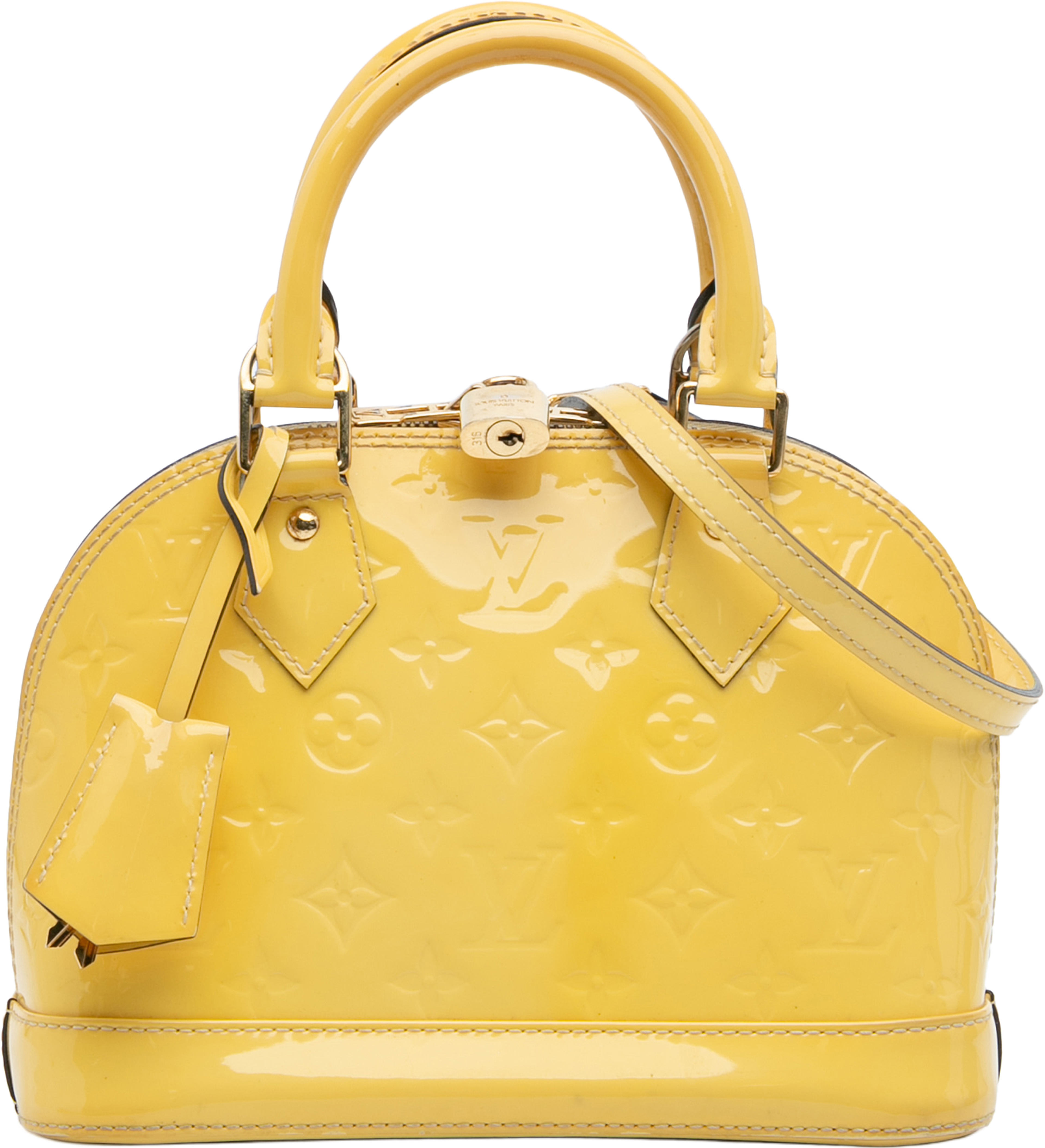 Louis Vuitton Monogram Vernis Alma Bb, från Luxclusif, i färgen yellow. Klicka för att öppna bilden i stort format