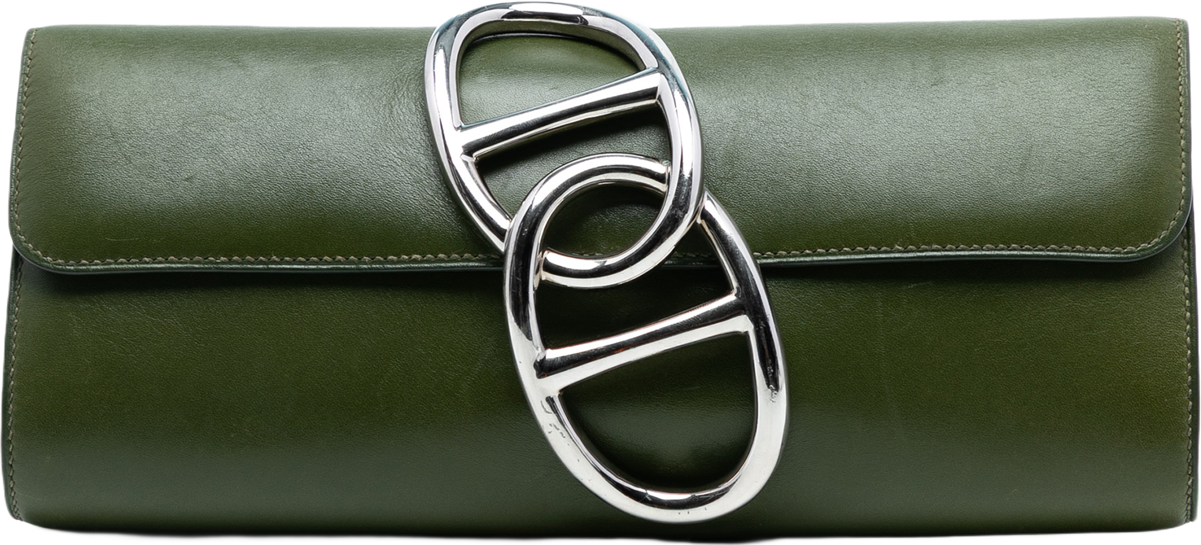 Hermès Tadelakt Egee Clutch, från Luxclusif, i färgen olive green. Klicka för att öppna bilden i stort format