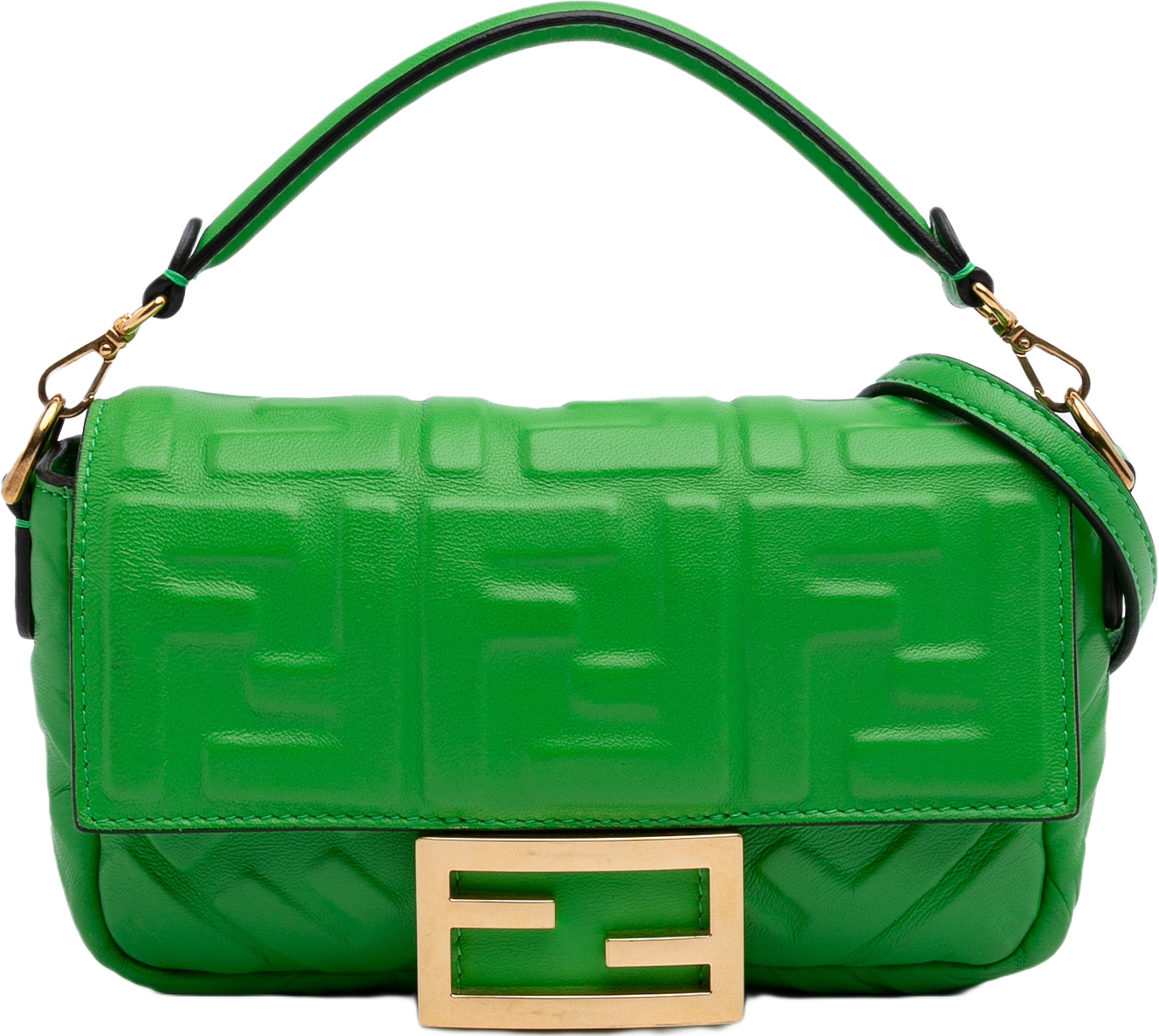 Fendi Mini Zucca Embossed Leather Baguette Satchel, från Luxclusif, i färgen lime. Klicka för att öppna bilden i stort format