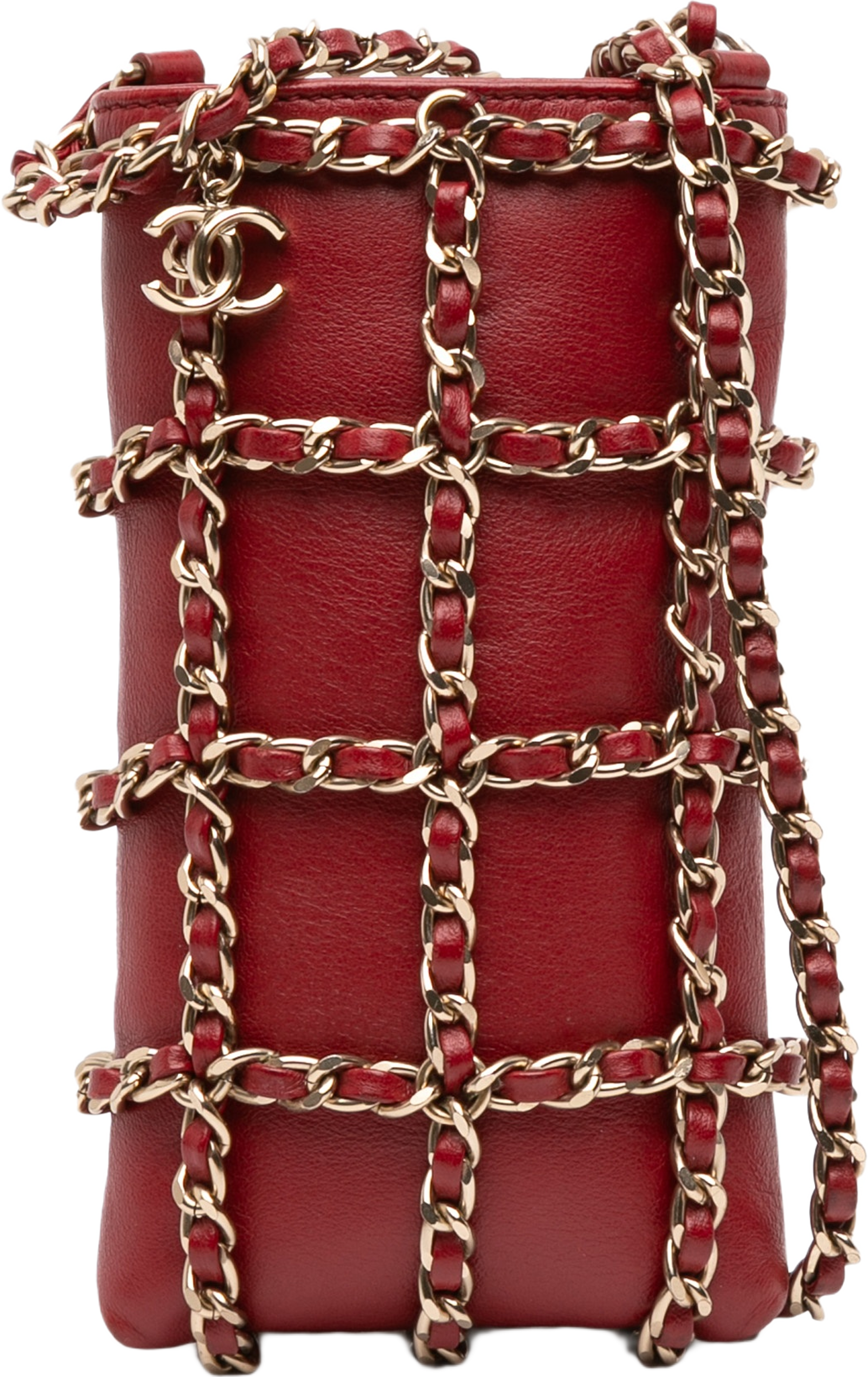 Chanel Lambskin Tech Me Out Clutch With Chain, från Luxclusif, i färgen red. Klicka för att öppna bilden i stort format