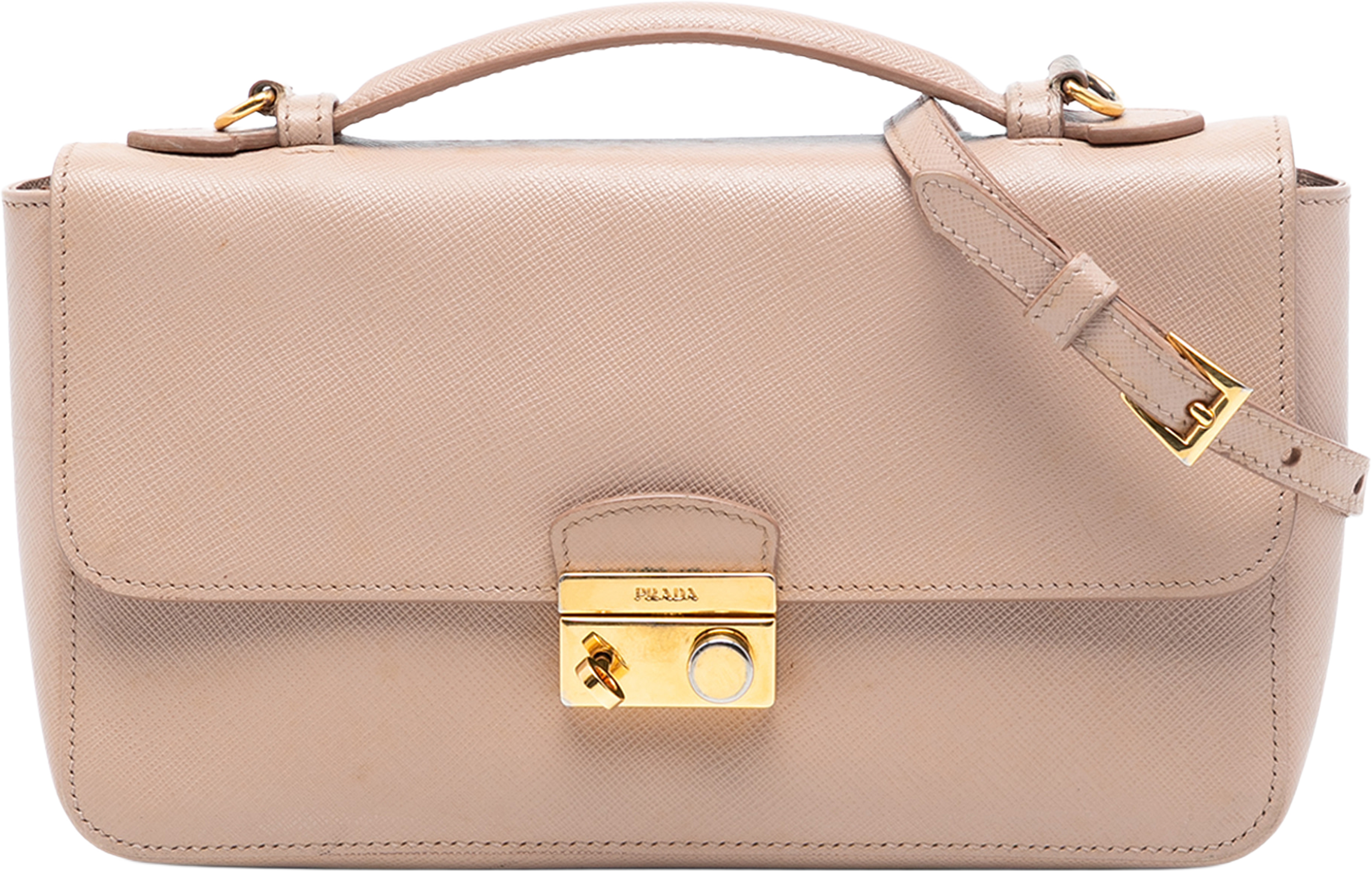 Prada Saffiano Sound Lock Satchel, från Luxclusif, i färgen nude. Klicka för att öppna bilden i stort format