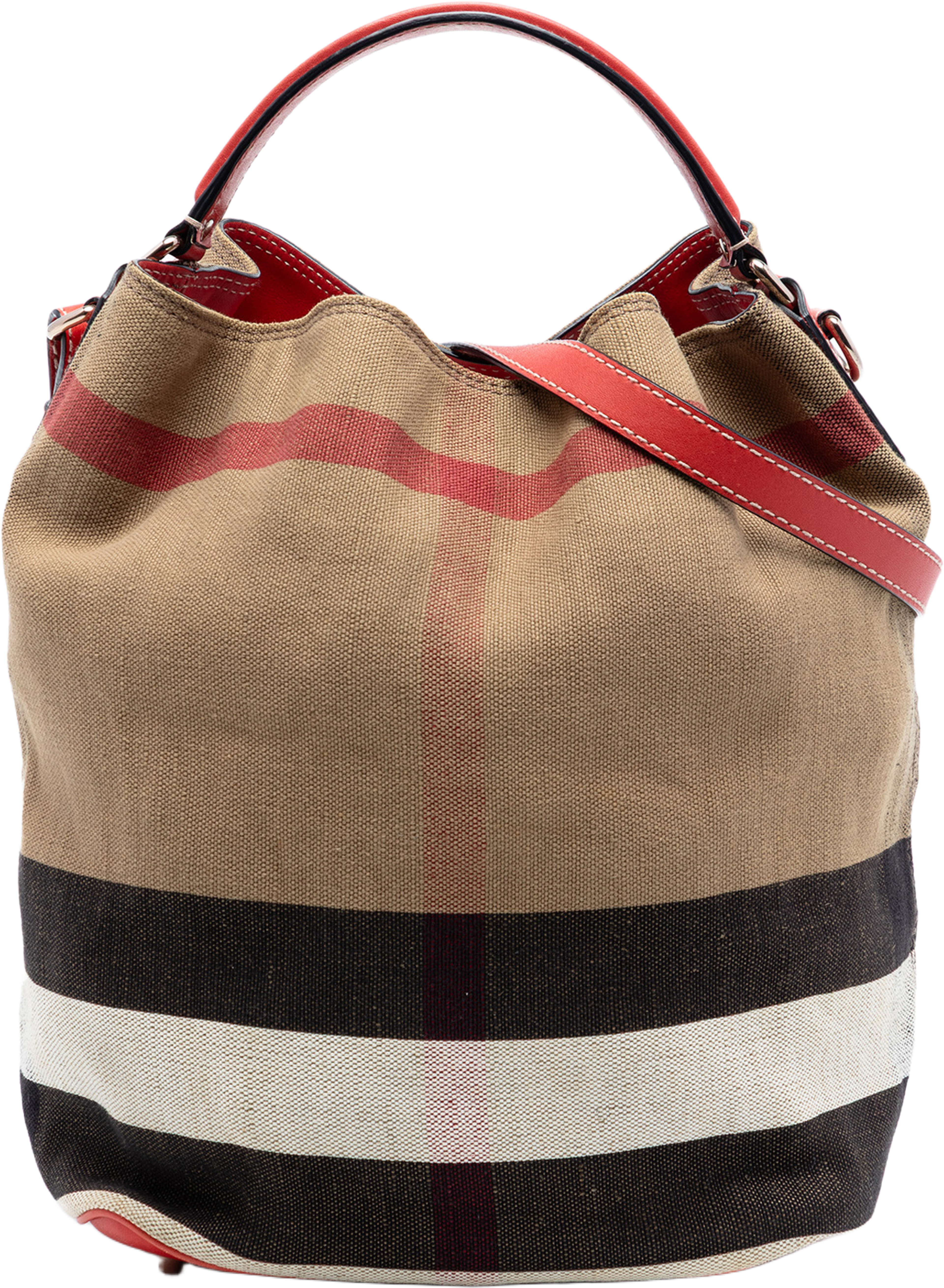 Burberry Medium Mega Check Canvas Ashby Bucket Bag, från Luxclusif, i färgen light brown. Klicka för att öppna bilden i stort format