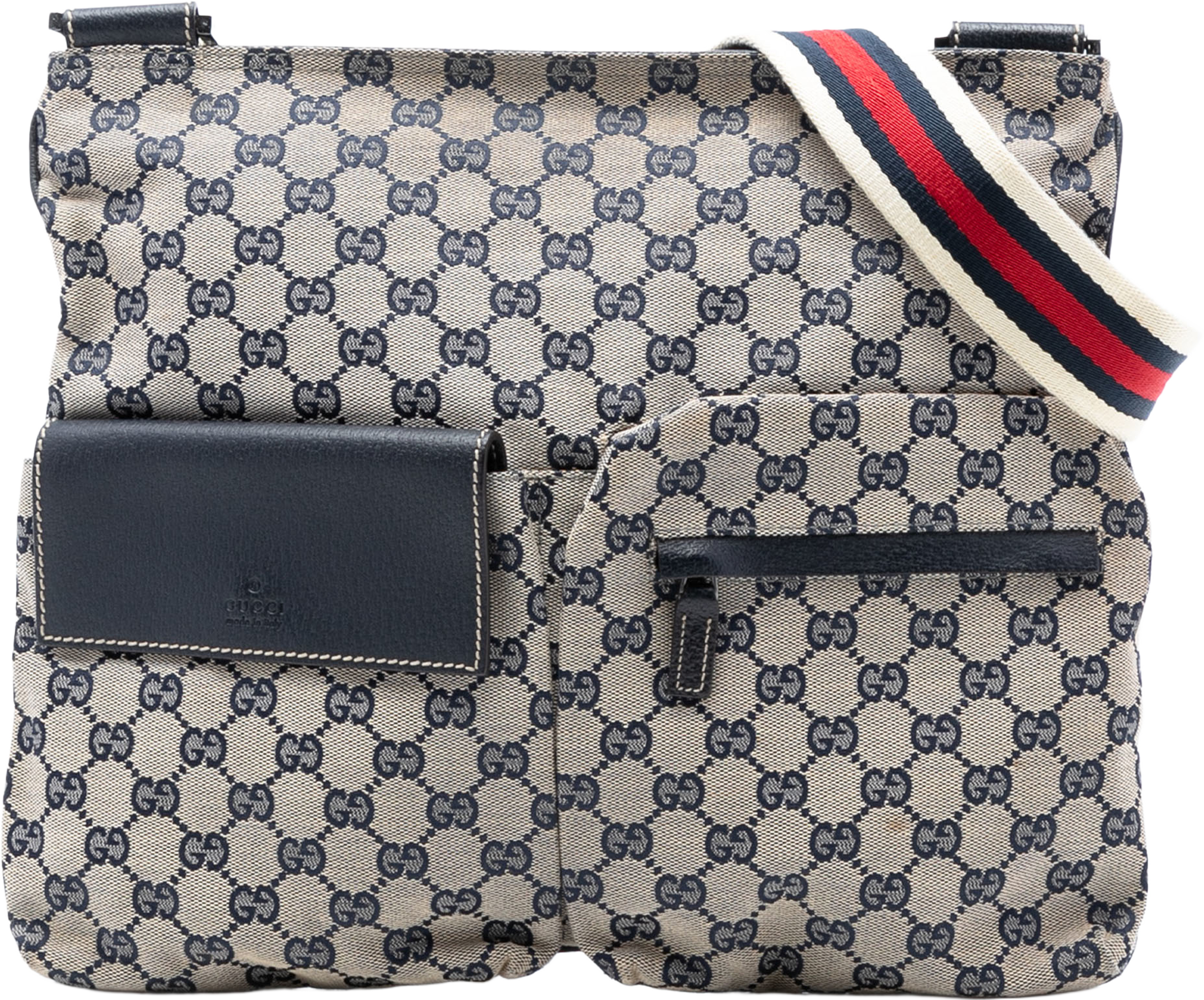 Gucci Gg Canvas Web Double Pocket Crossbody, från Luxclusif, i färgen gray. Klicka för att öppna bilden i stort format