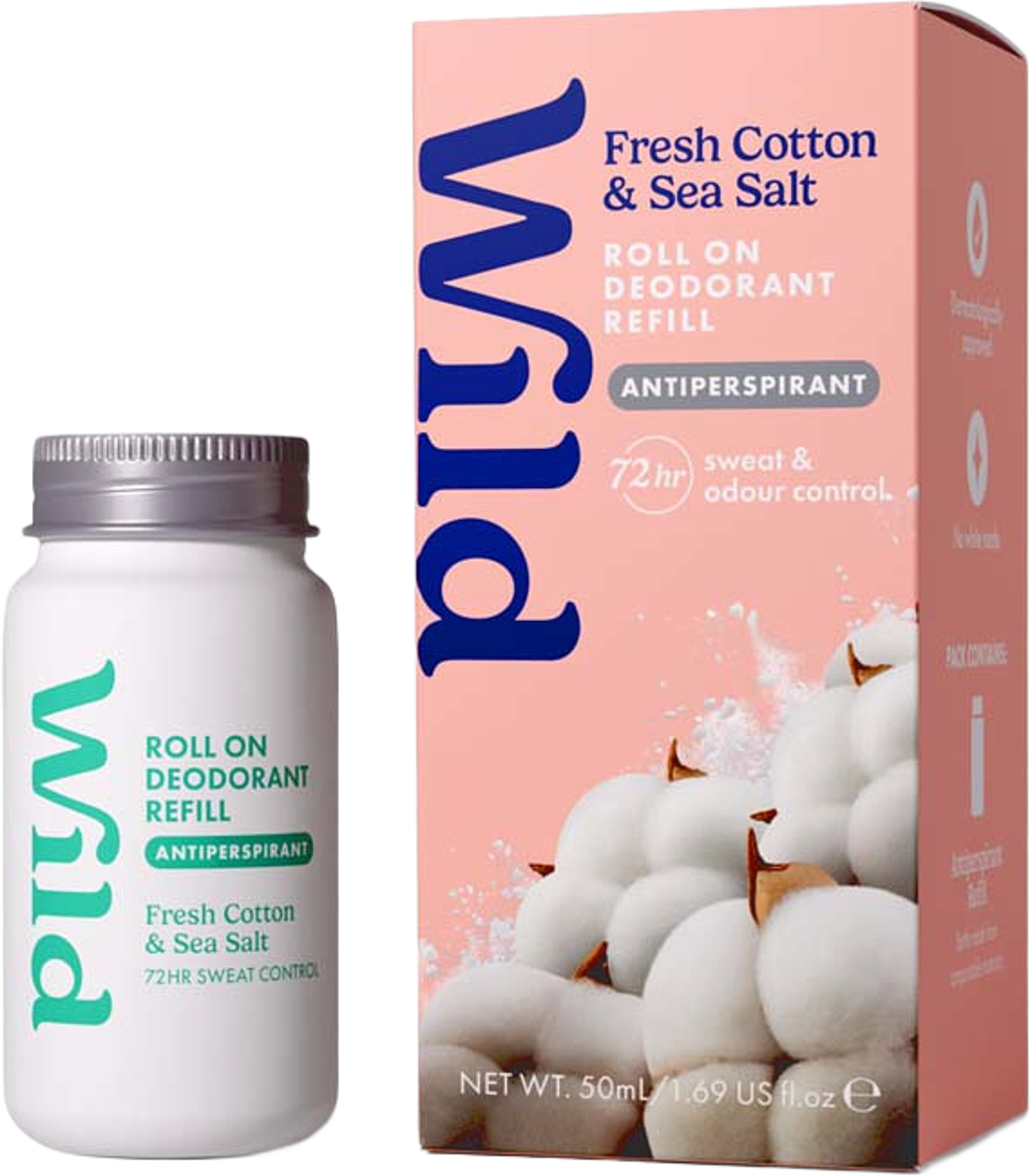 Antiperspirant Roll-on Refill Fräsch Bomull & Havssalt, från Wild. Klicka för att öppna bilden i stort format