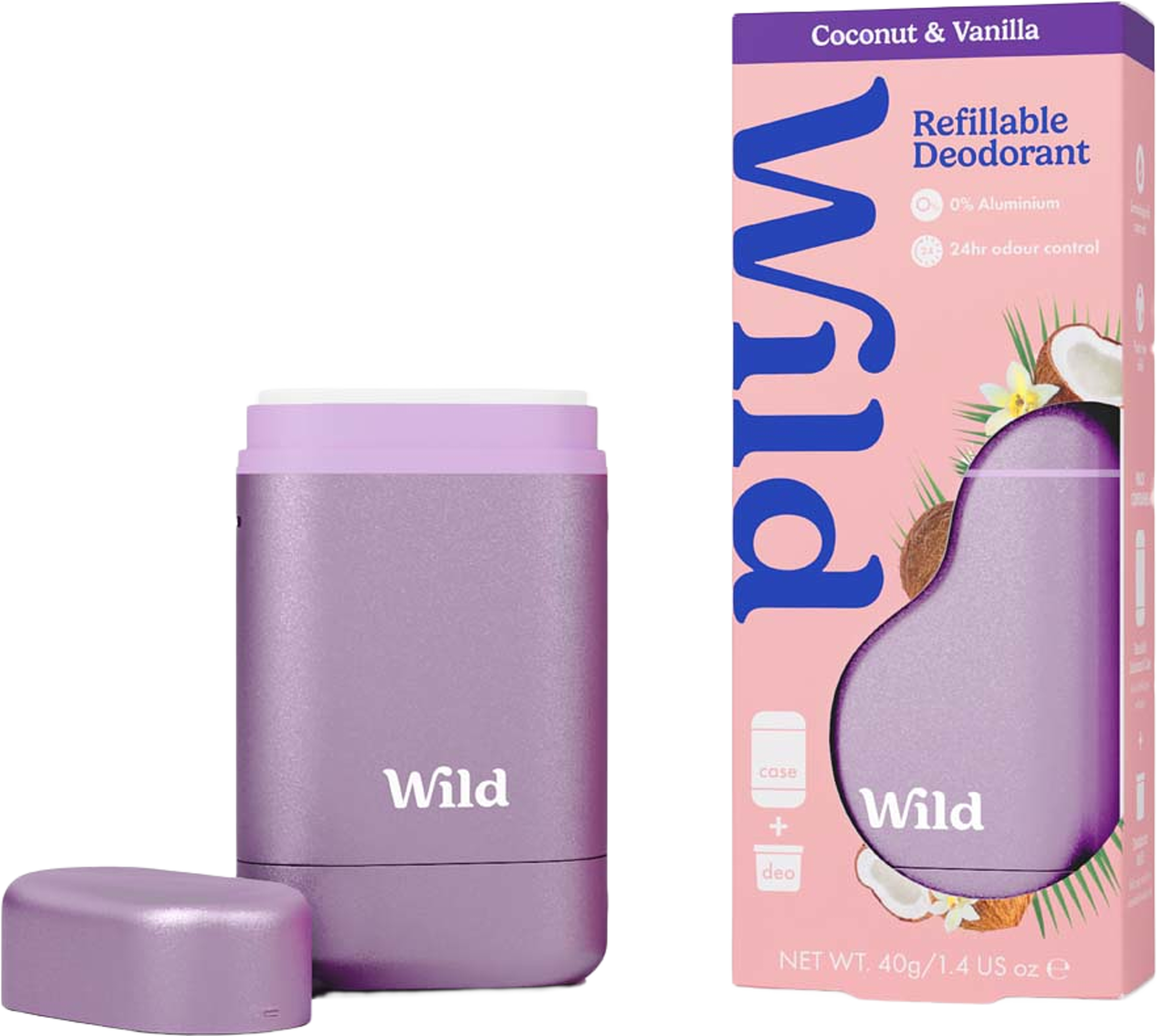 Deostick Lila Fodral Kokos & Vanilj Startpaket, från Wild. Klicka för att öppna bilden i stort format