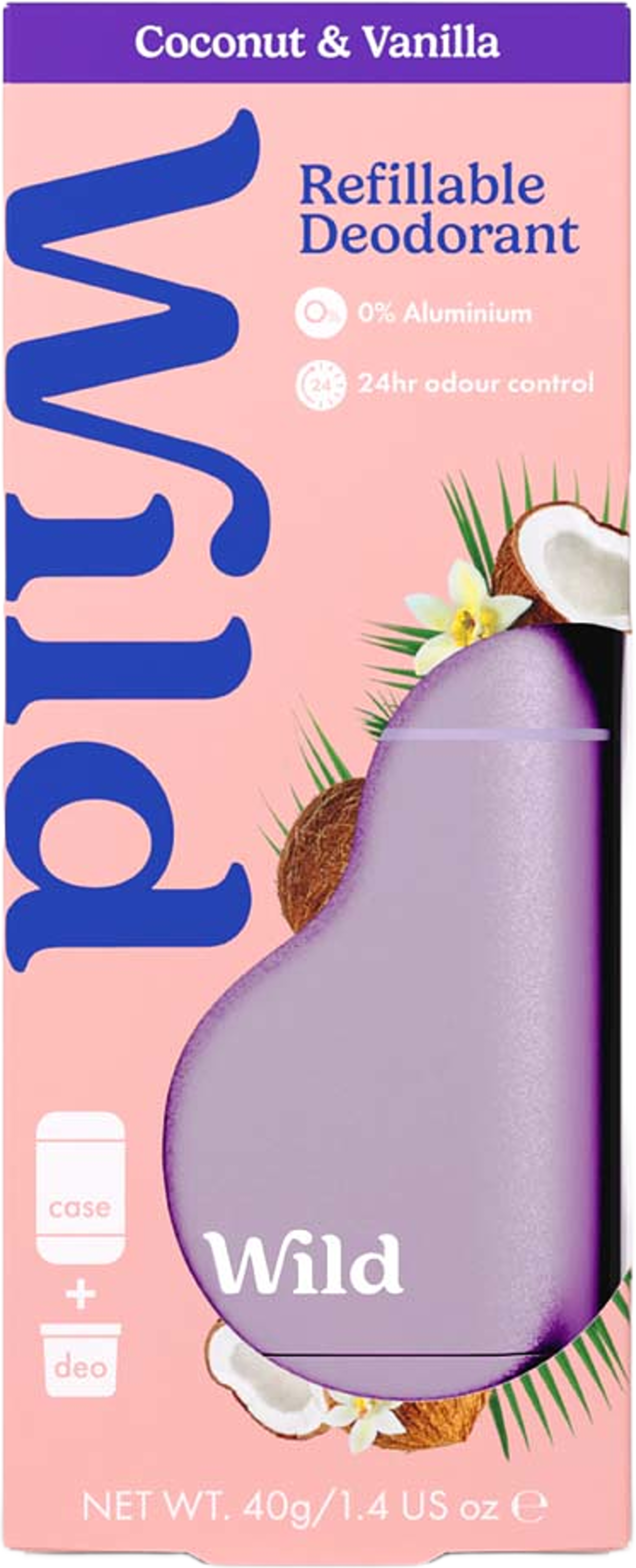 Deostick Lila Fodral Kokos & Vanilj Startpaket, från Wild. Klicka för att öppna bilden i stort format
