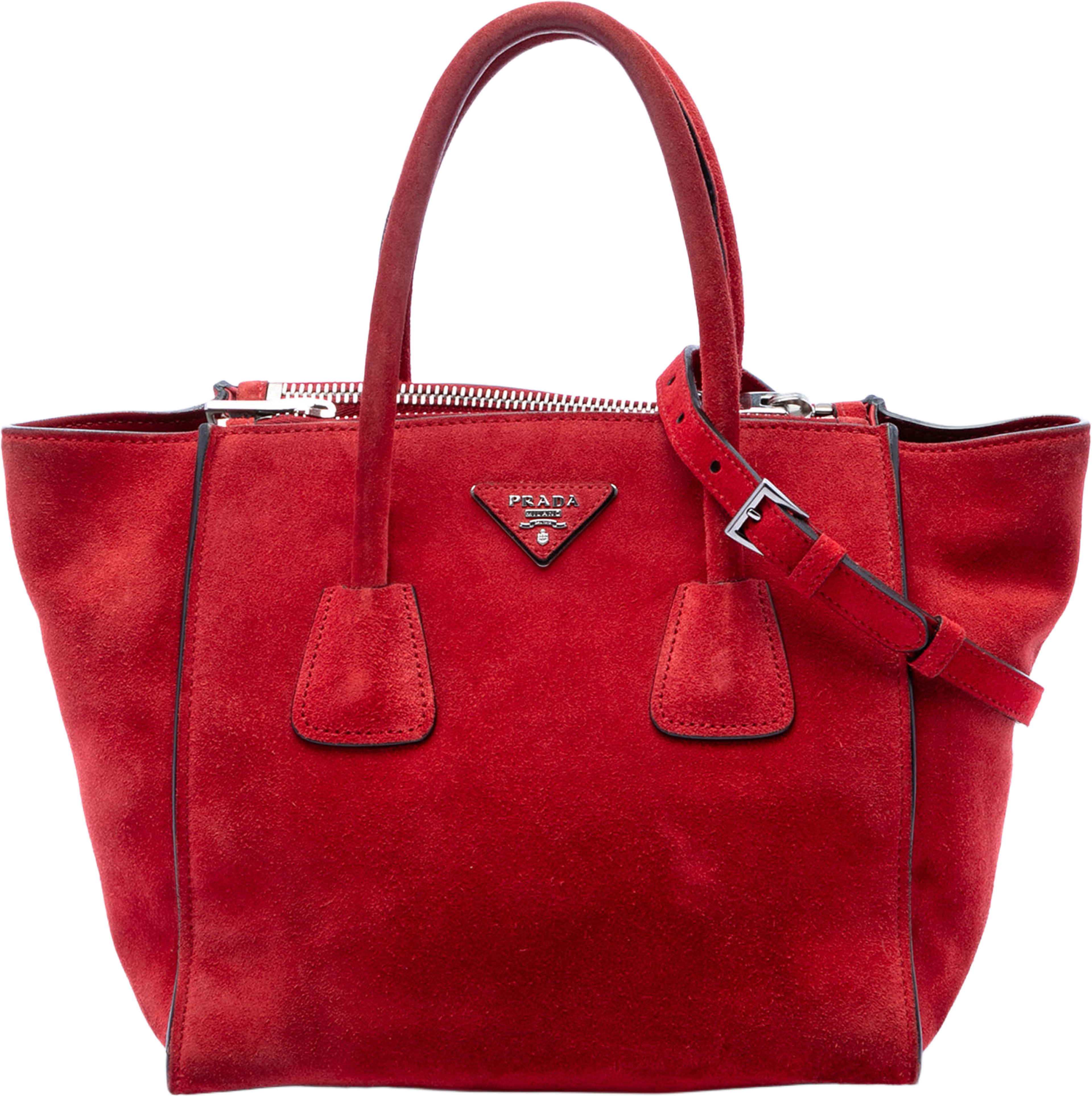 Prada Small Scamosciato Twin Pocket Satchel, från Luxclusif, i färgen red. Klicka för att öppna bilden i stort format