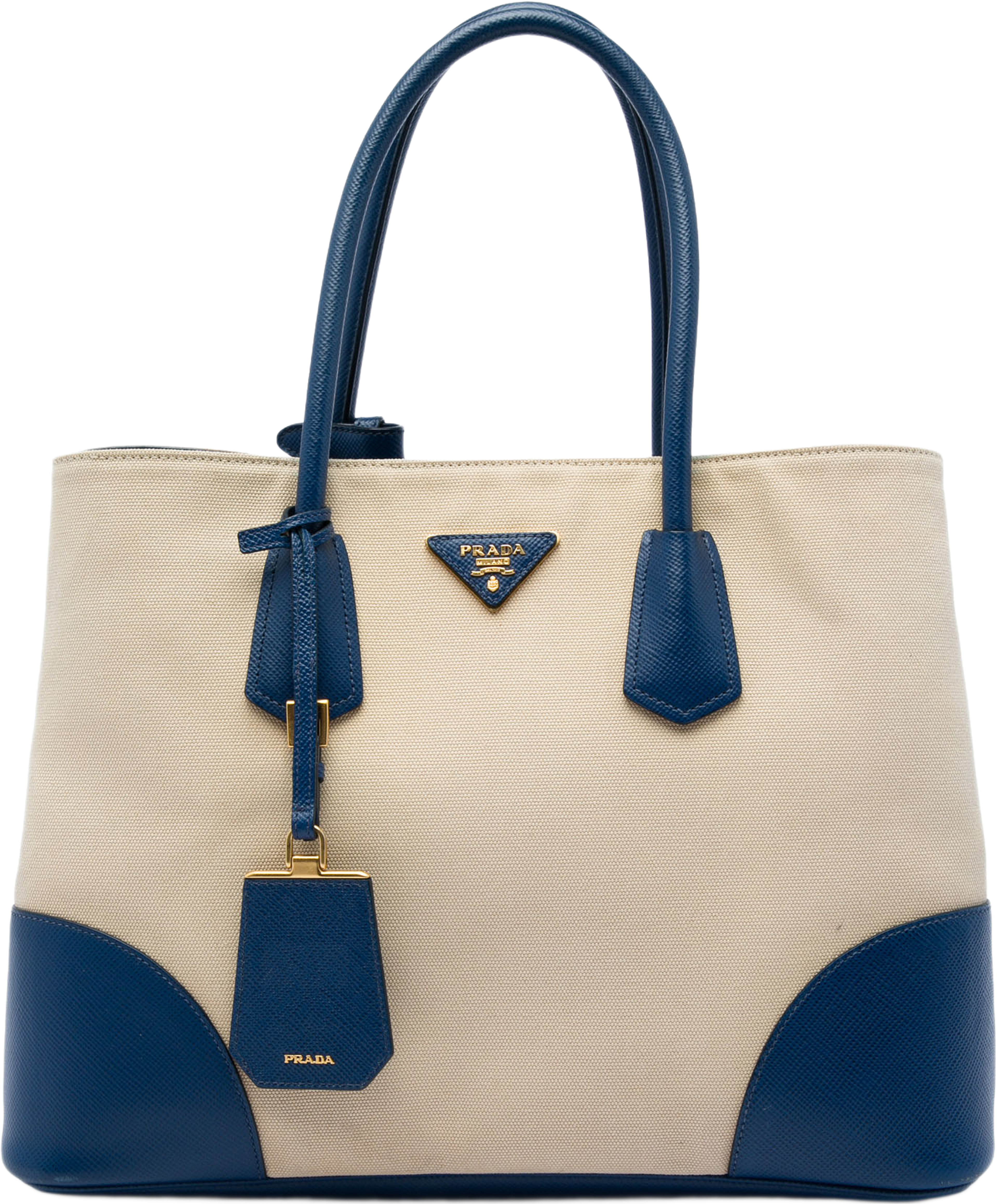Prada Large Canapa And Saffiano Double Satchel, från Luxclusif, i färgen beige. Klicka för att öppna bilden i stort format
