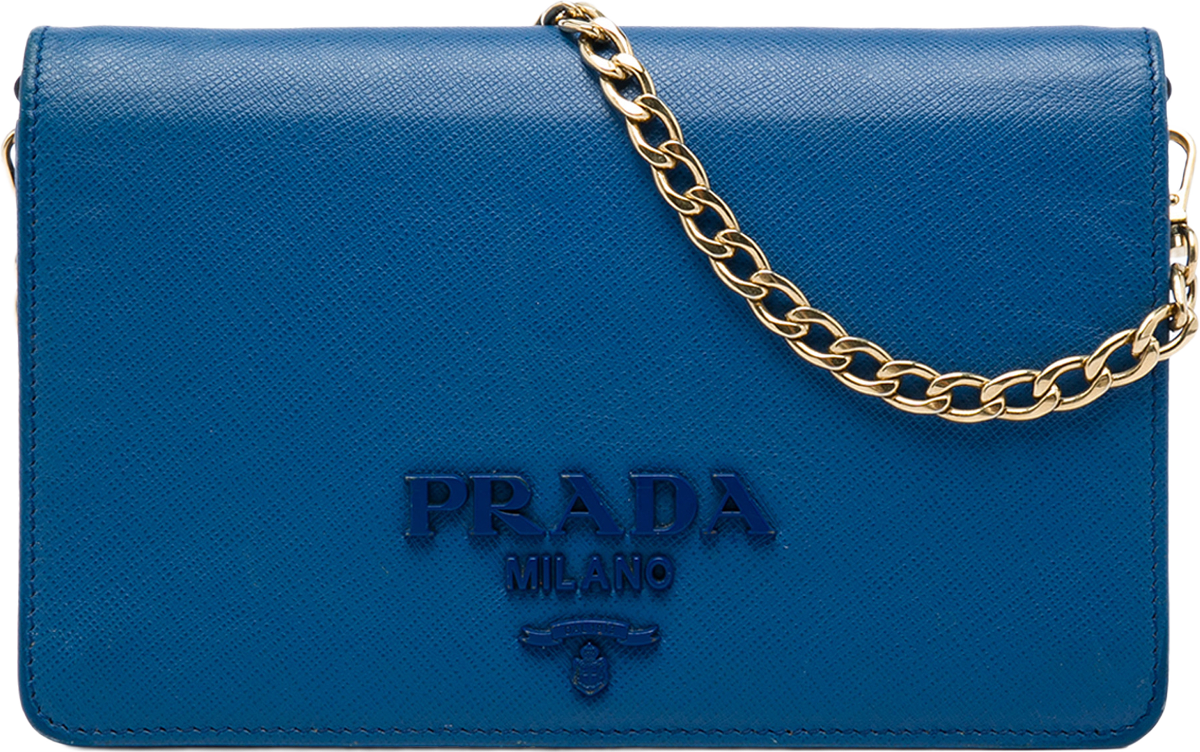 Prada Saffiano Lux Monochrome Wallet On Chain, från Luxclusif, i färgen blå. Klicka för att öppna bilden i stort format