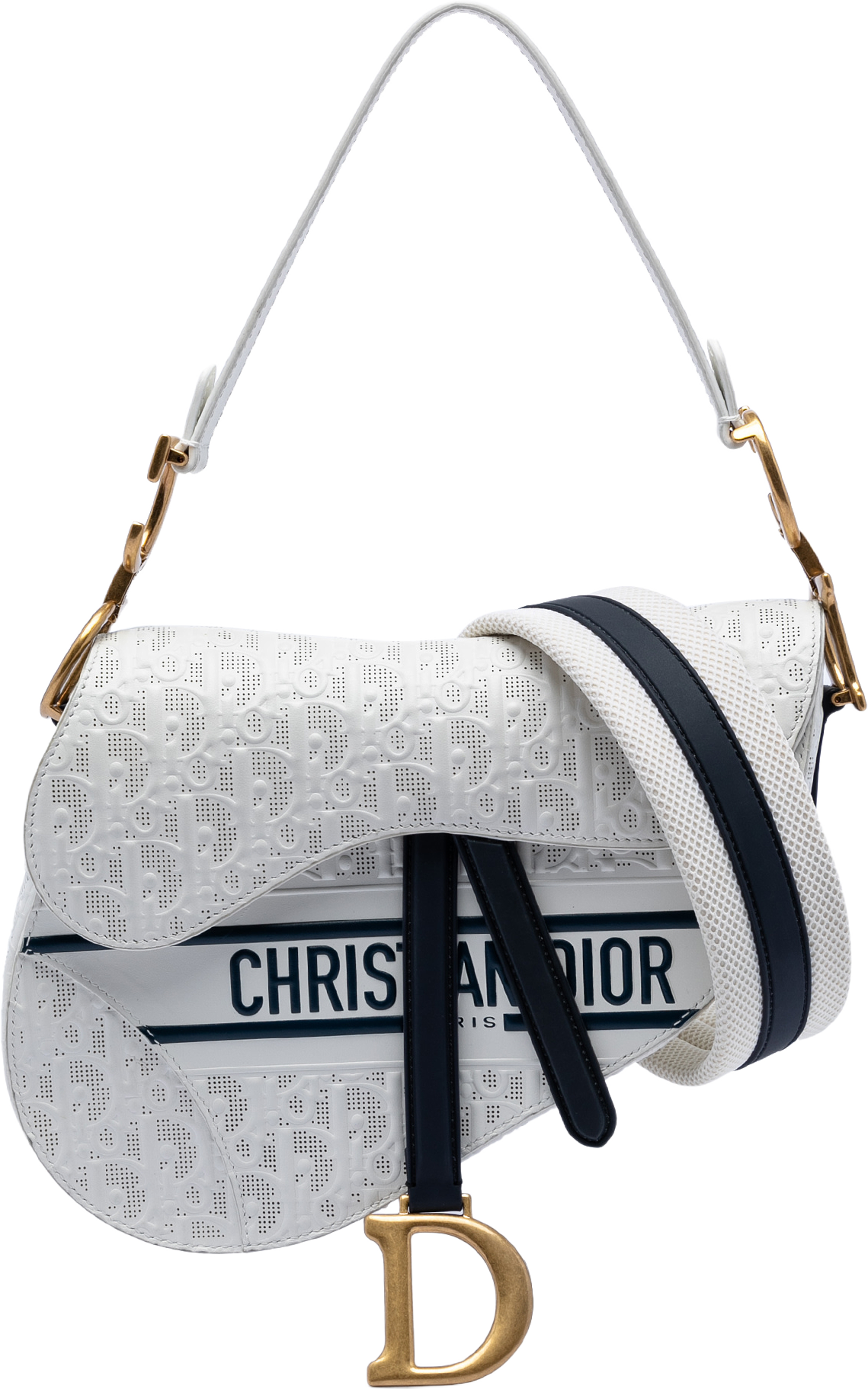 Dior Perforated Oblique Embossed Calfskin Saddle Bag, från Luxclusif, i färgen white. Klicka för att öppna bilden i stort format