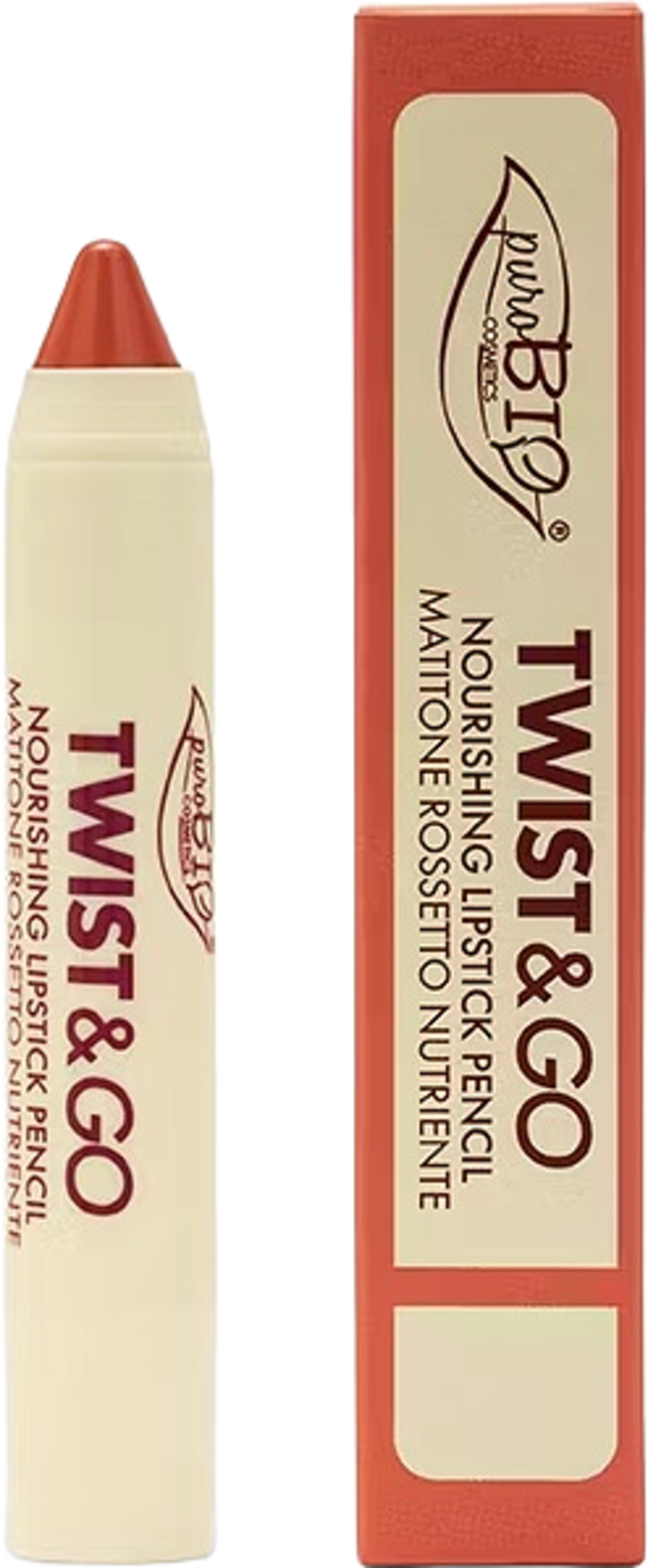 Twist & Go - Nourishing Lipstick Pencil, från PuroBio, i färgen 502 - peach nude. Klicka för att öppna bilden i stort format