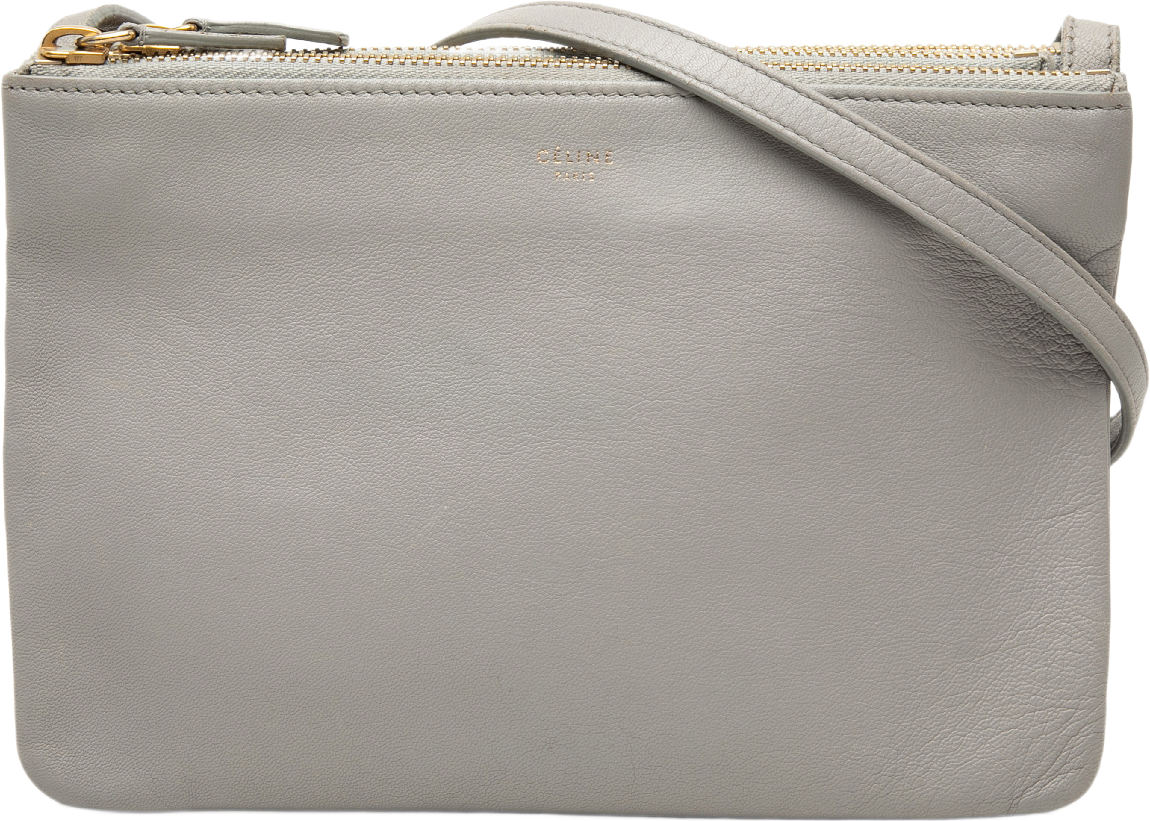 Celine Small Lambskin Trio Crossbody, från Luxclusif, i färgen grå. Klicka för att öppna bilden i stort format