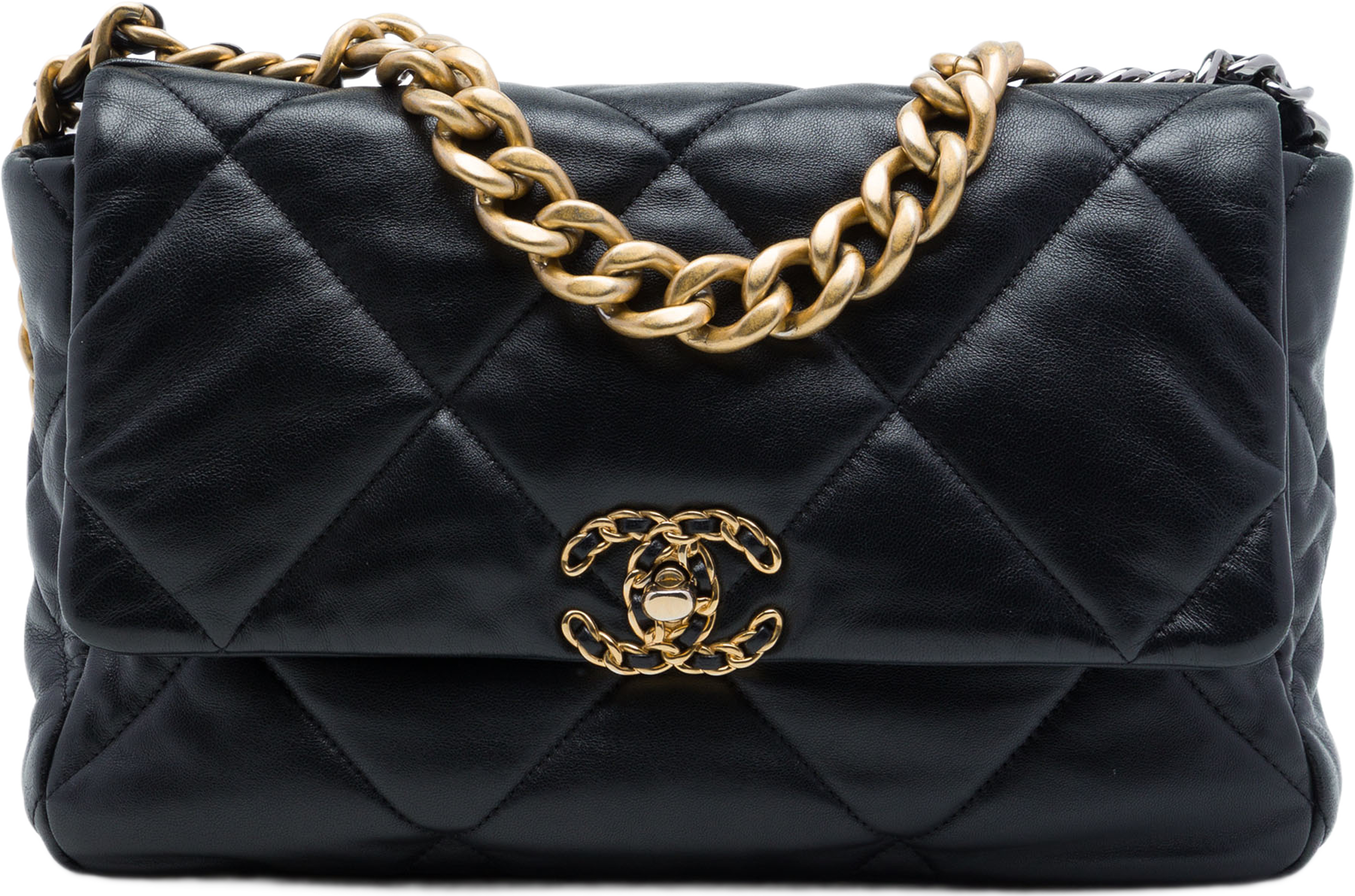 Chanel Large Lambskin 19 Flap, från Luxclusif, i färgen svart. Klicka för att öppna bilden i stort format