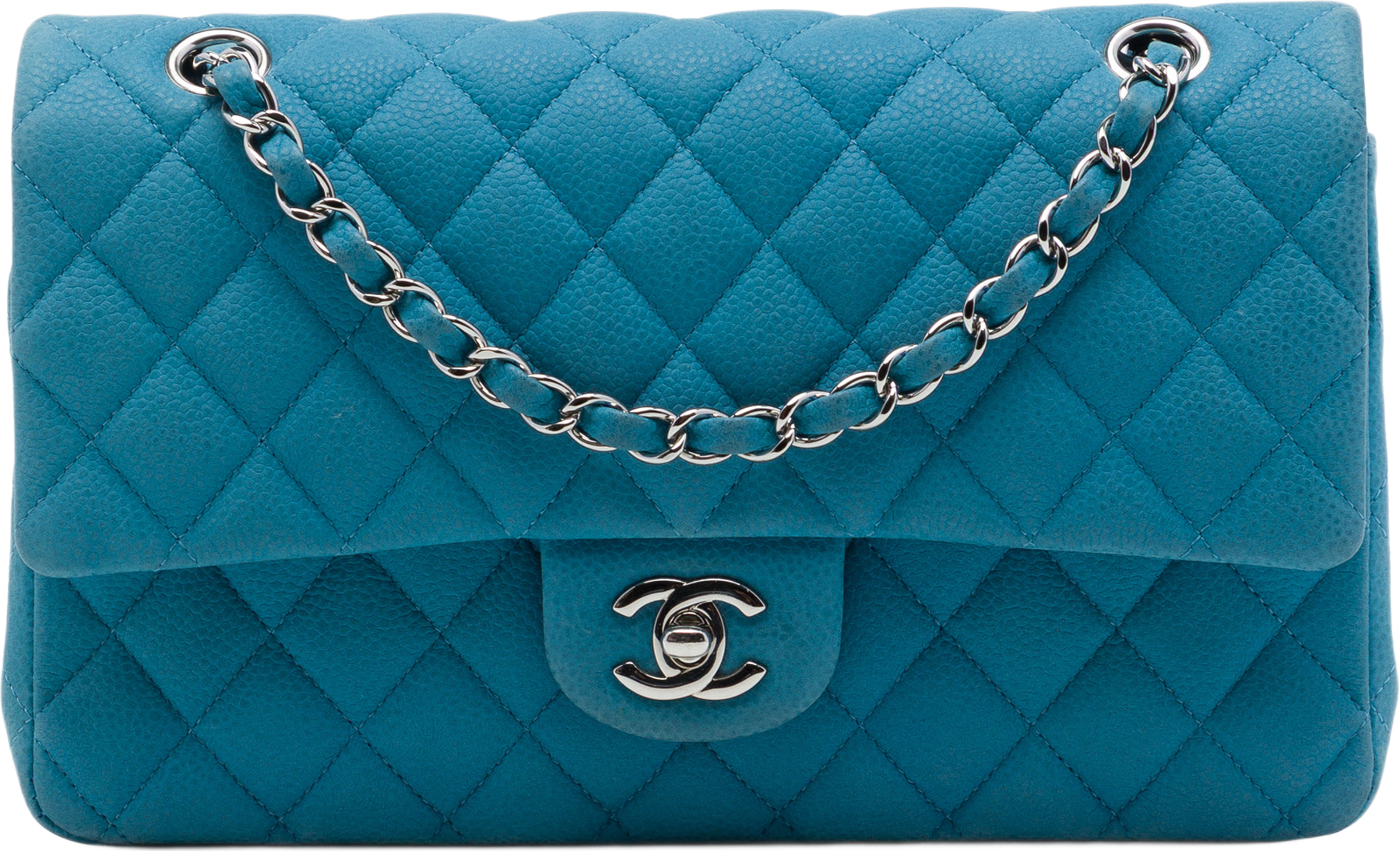 Chanel Medium Classic Caviar Double Flap, från Luxclusif, i färgen blå. Klicka för att öppna bilden i stort format