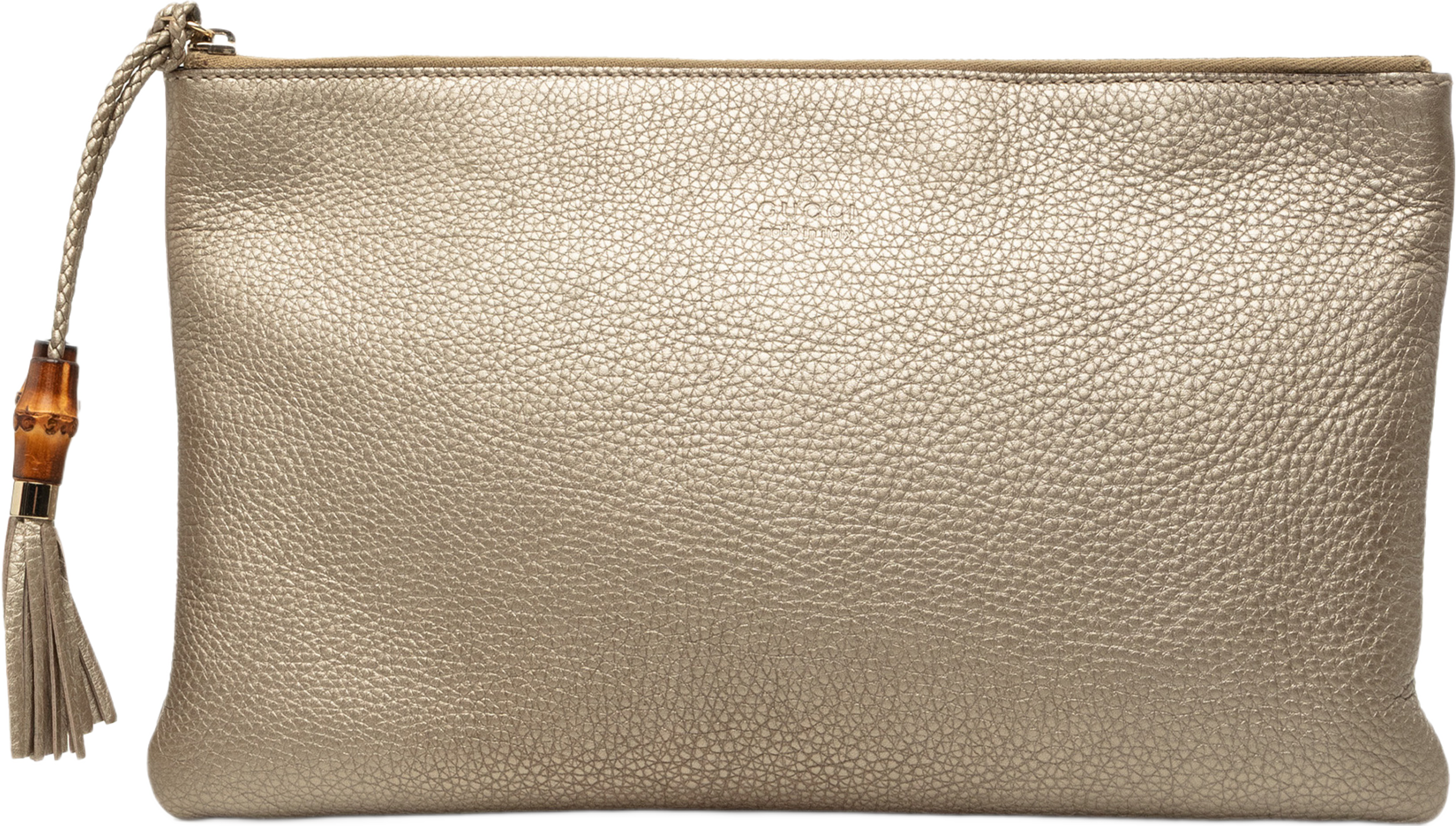 Gucci Calfskin Bamboo Tassel Clutch, från Luxclusif, i färgen guld. Klicka för att öppna bilden i stort format