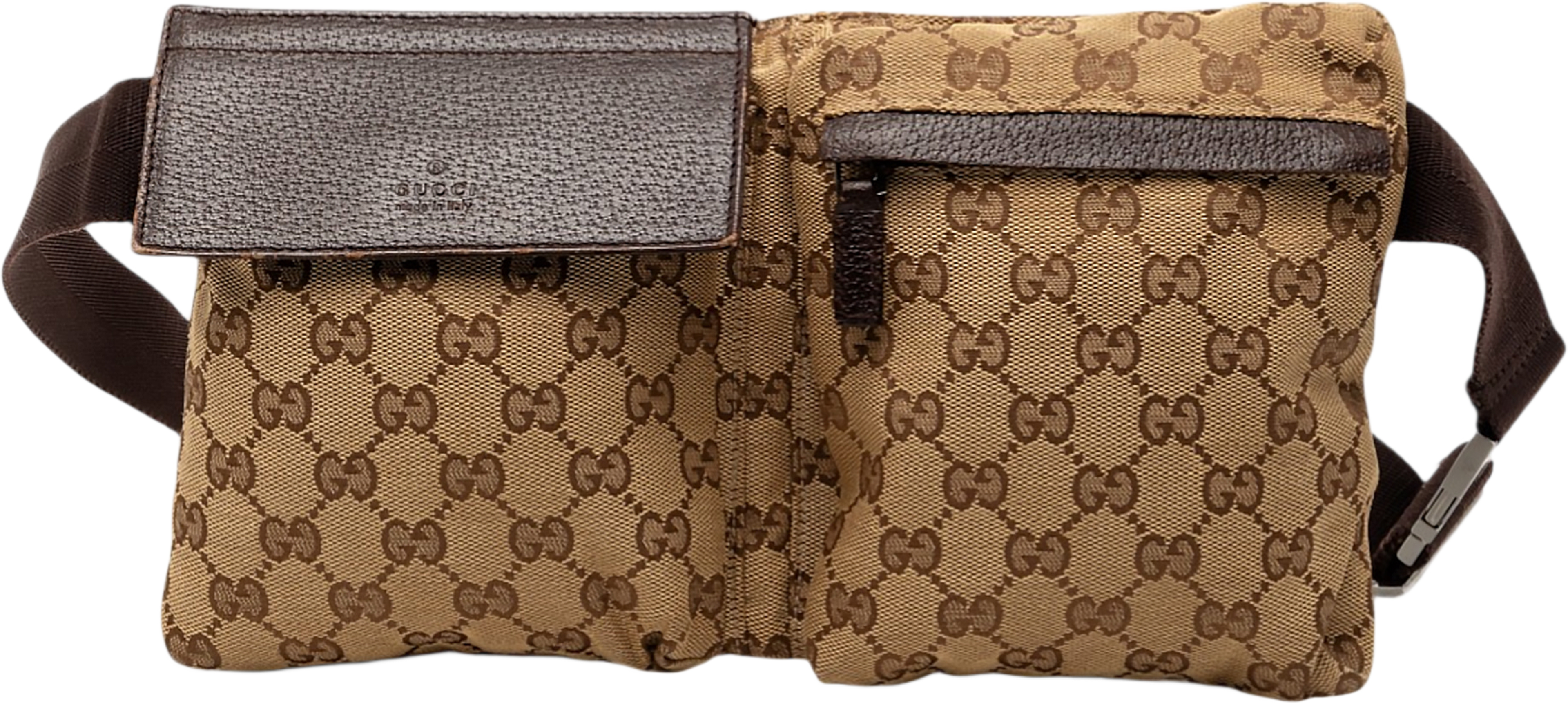 Gucci Gg Canvas Double Pocket Belt Bag, från Luxclusif, i färgen beige. Klicka för att öppna bilden i stort format