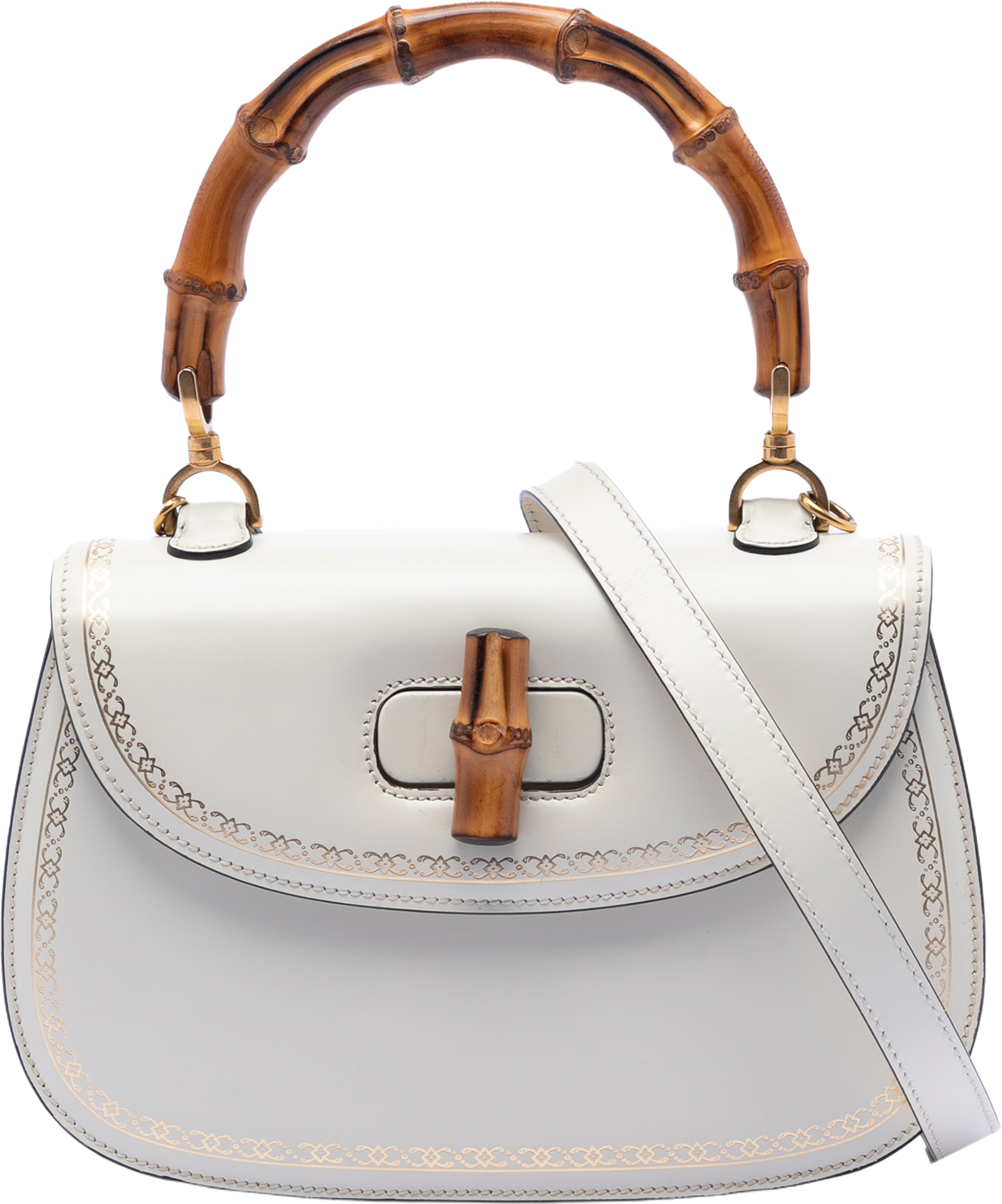 Gucci Calfskin Frame Print Bamboo Top Handle Bag, från Luxclusif, i färgen white. Klicka för att öppna bilden i stort format